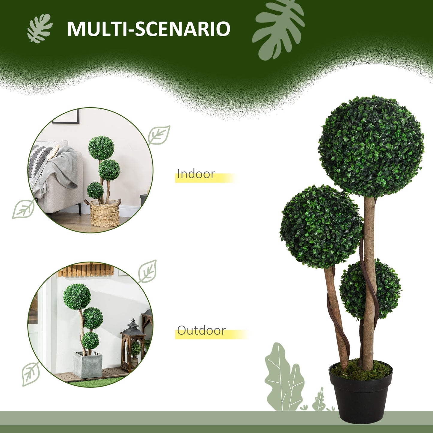 HOMCOM Boxwood Ball Topiary Tree in Pot Decorative Artificial Plant for Indoor Outdoor Decor 90 Cm Dark Green