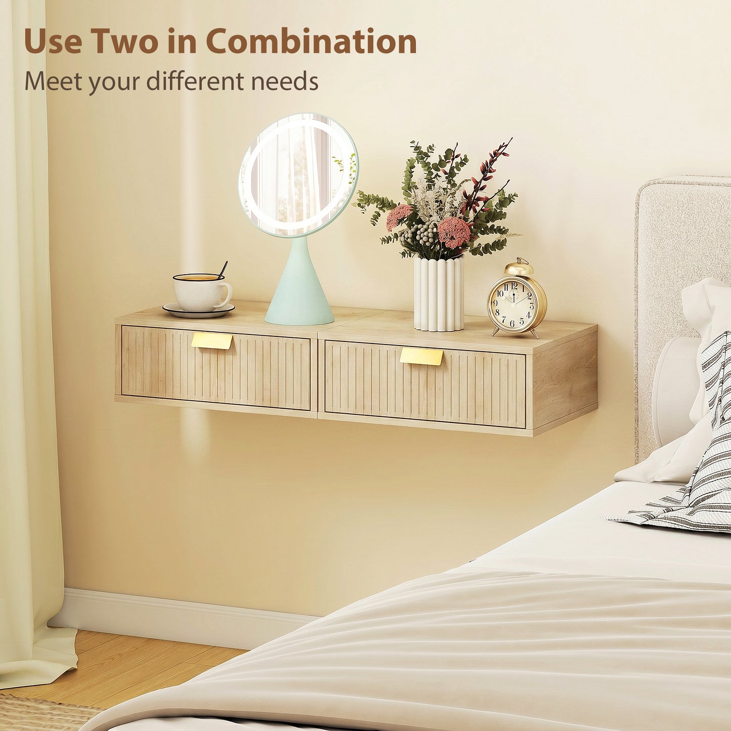 HOMCOM Modern Floating Nightstands Set of 2 Wall Mounted Bedside Tables with Wave Drawer Oak Finish
