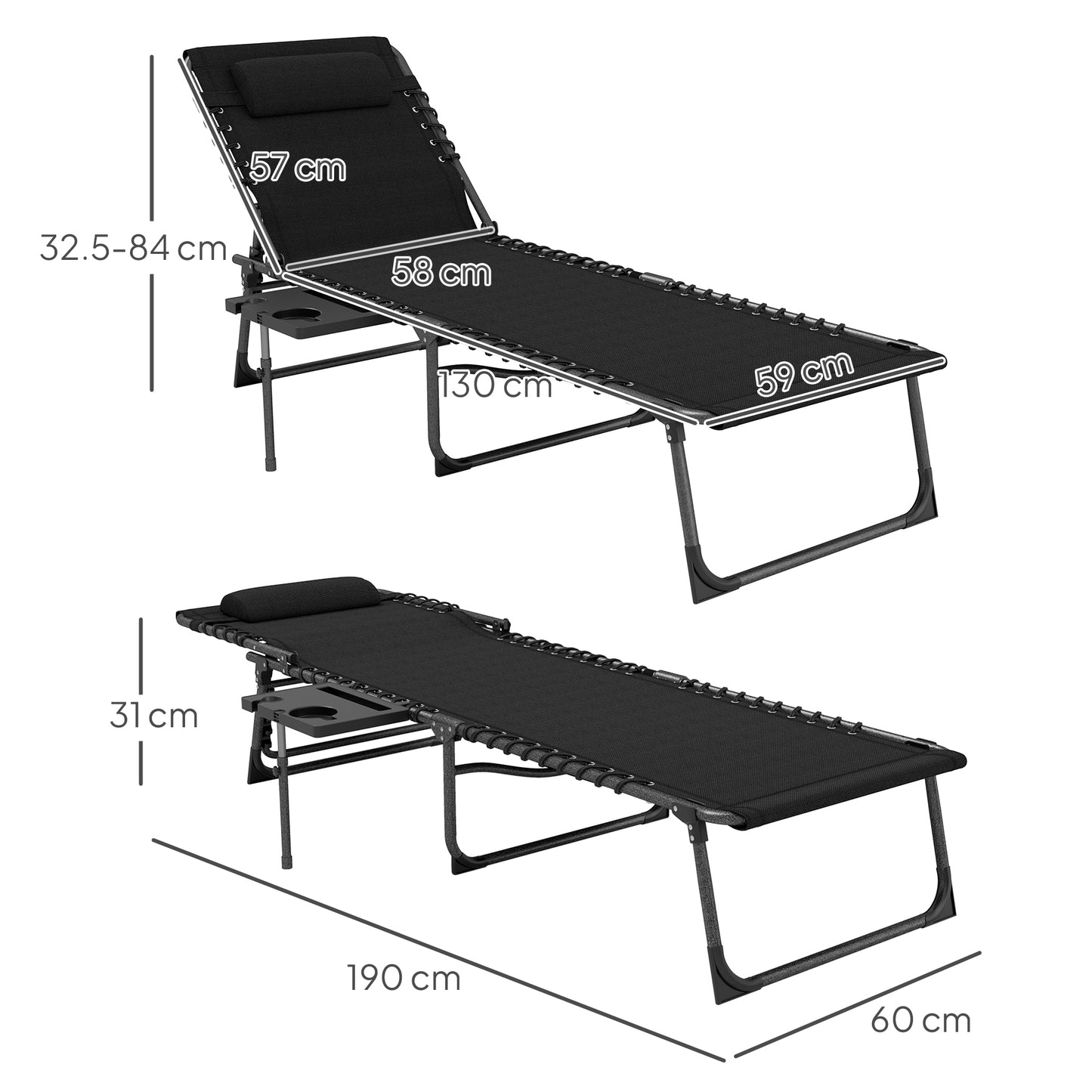 Outsunny Five Position Reclining Sun Lounger Black With Powder Coated Steel Frame And Removable Pillow