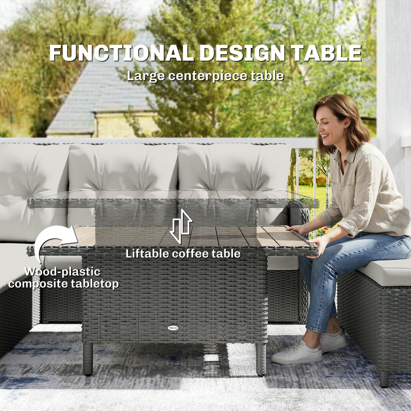 Outsunny Six Piece Outdoor PE Rattan Patio Furniture Set With Corner Sofa And Wicker Lounge Conversation Set