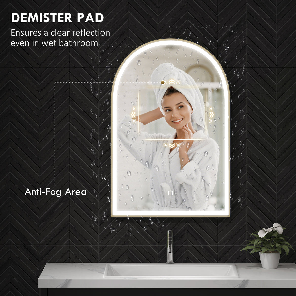 Anti-fog arched gold LED bathroom mirror with anti-steam illuminated frame