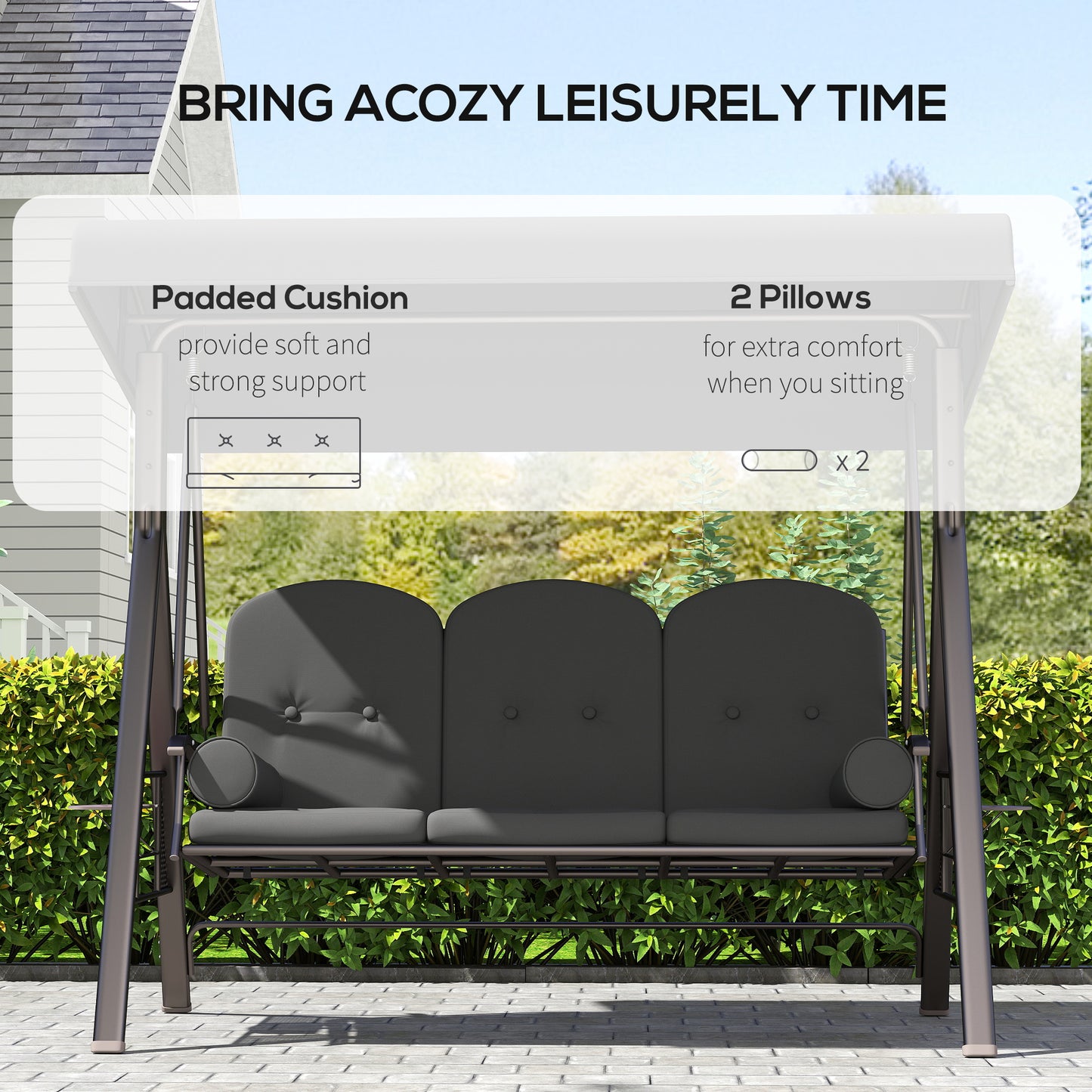 Outsunny Three Seater Garden Swing Chair With Adjustable Canopy Cushions Cup Trays Brown Steel Frame Dark Grey Fabric
