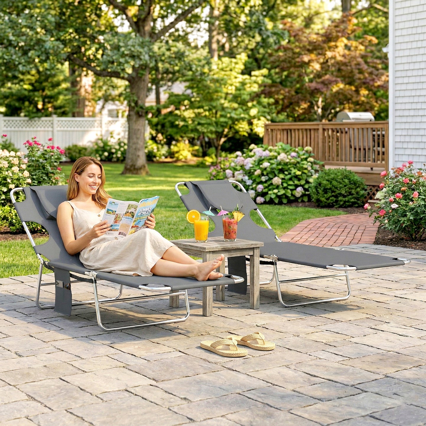 Outsunny Five Position Adjustable Sun Loungers Set Of Two With Reading Hole And Side Pocket Dark Grey