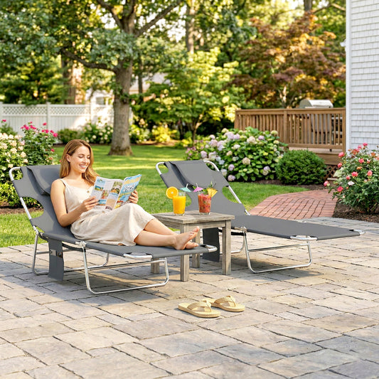 Outsunny Five Position Adjustable Sun Loungers Set Of Two With Reading Hole And Side Pocket Dark Grey