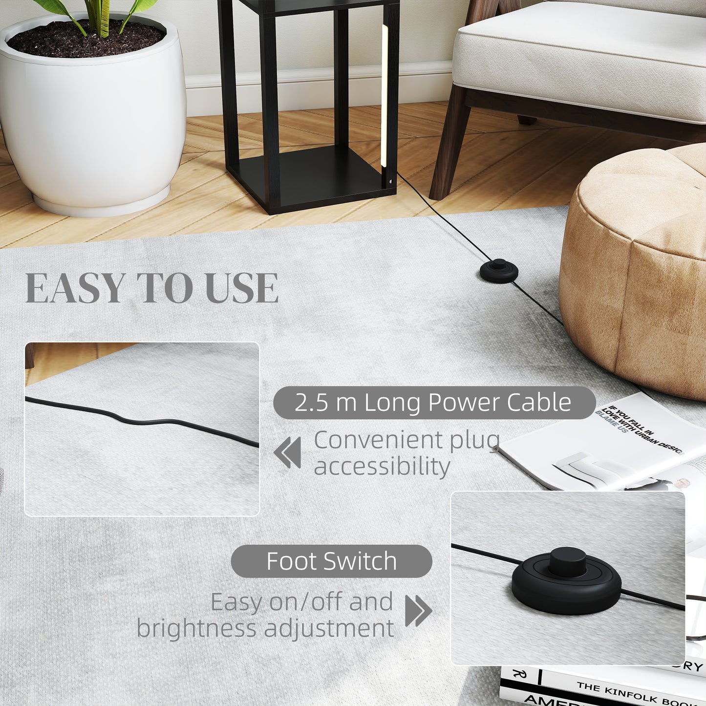 HOMCOM LED Floor Lamp With Shelves Modern Dimmable Standing Lamp With 3 Brightness Levels And Foot Switch Black