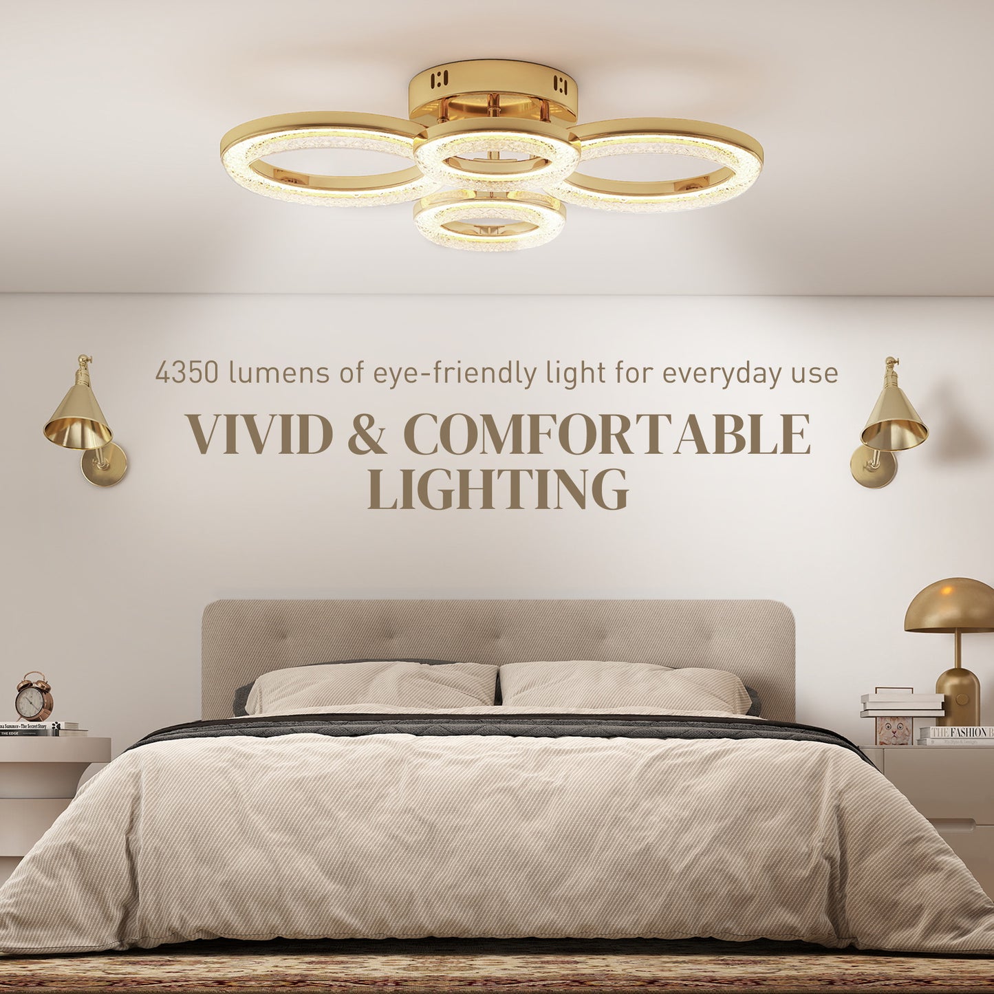 HOMCOM LED Ceiling Light 4 Ring Modern Flush Mount With Wall Switch Control 40W 4350lm 3500K 4500K 6000K Gold Tone