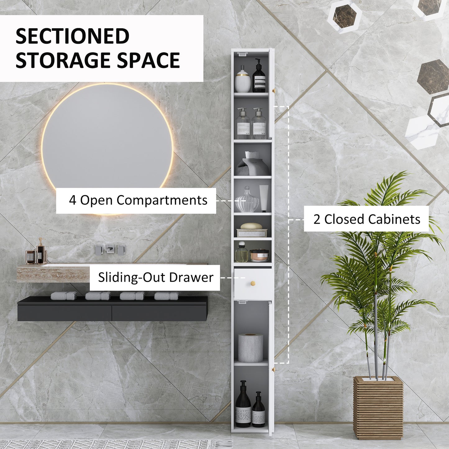 HOMCOM 178 cm Narrow Tall White Bathroom Cabinet With Two Closed Cabinets Four Open Compartments Adjustable Shelves
