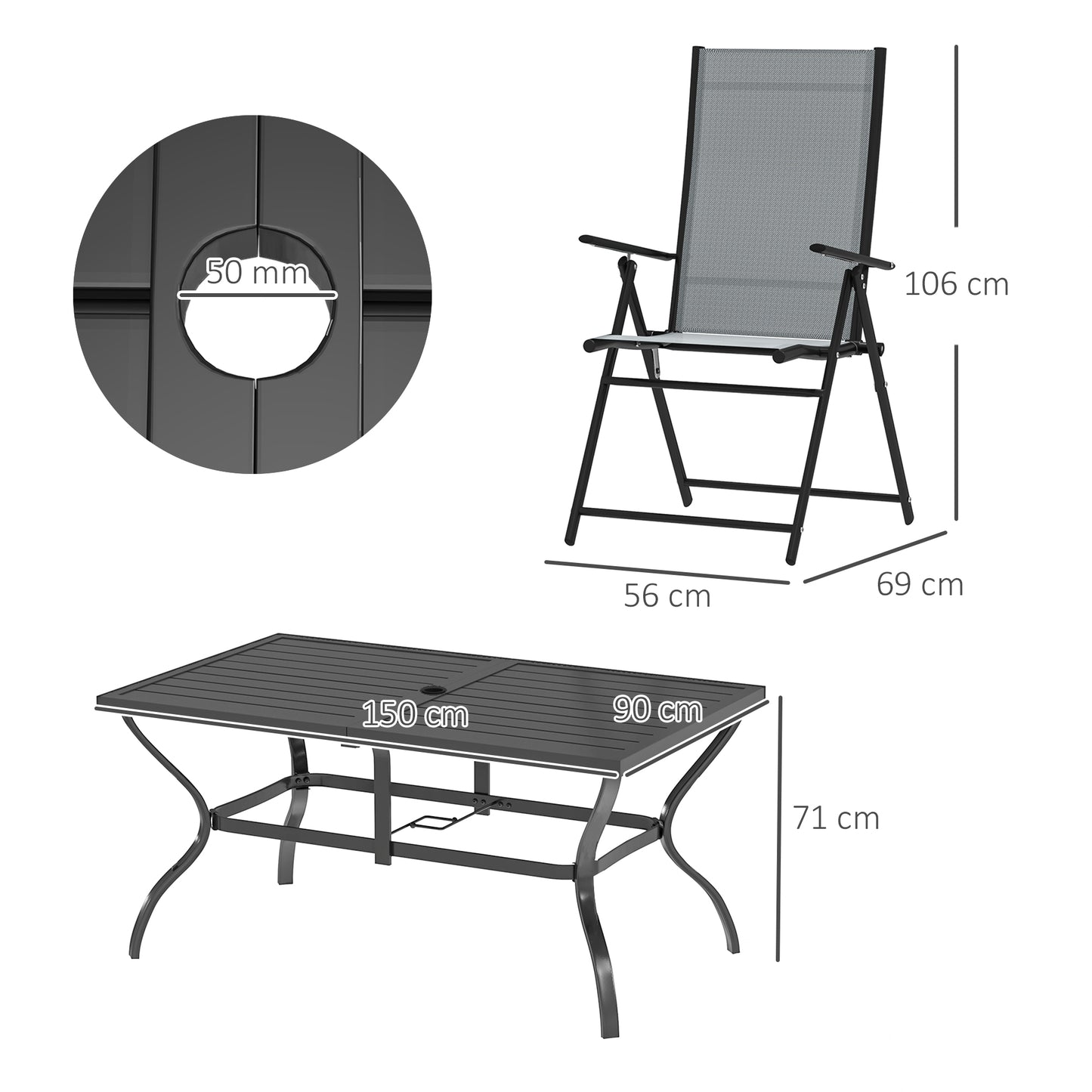 Outsunny Seven Piece Steel Outdoor Dining Set With Parasol Hole Grey Table And Six Folding Chairs