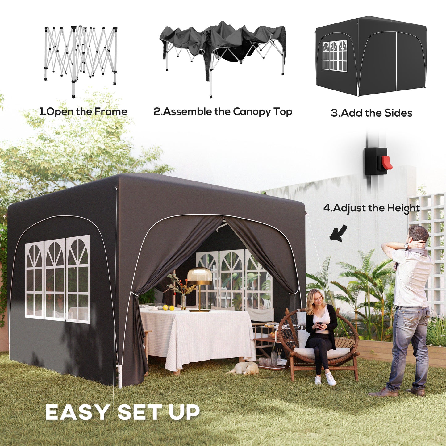 Outsunny 3 x 3m Pop Up Gazebo Shelter With Accessories Black UPF50 Plus UV Protection And Adjustable Height