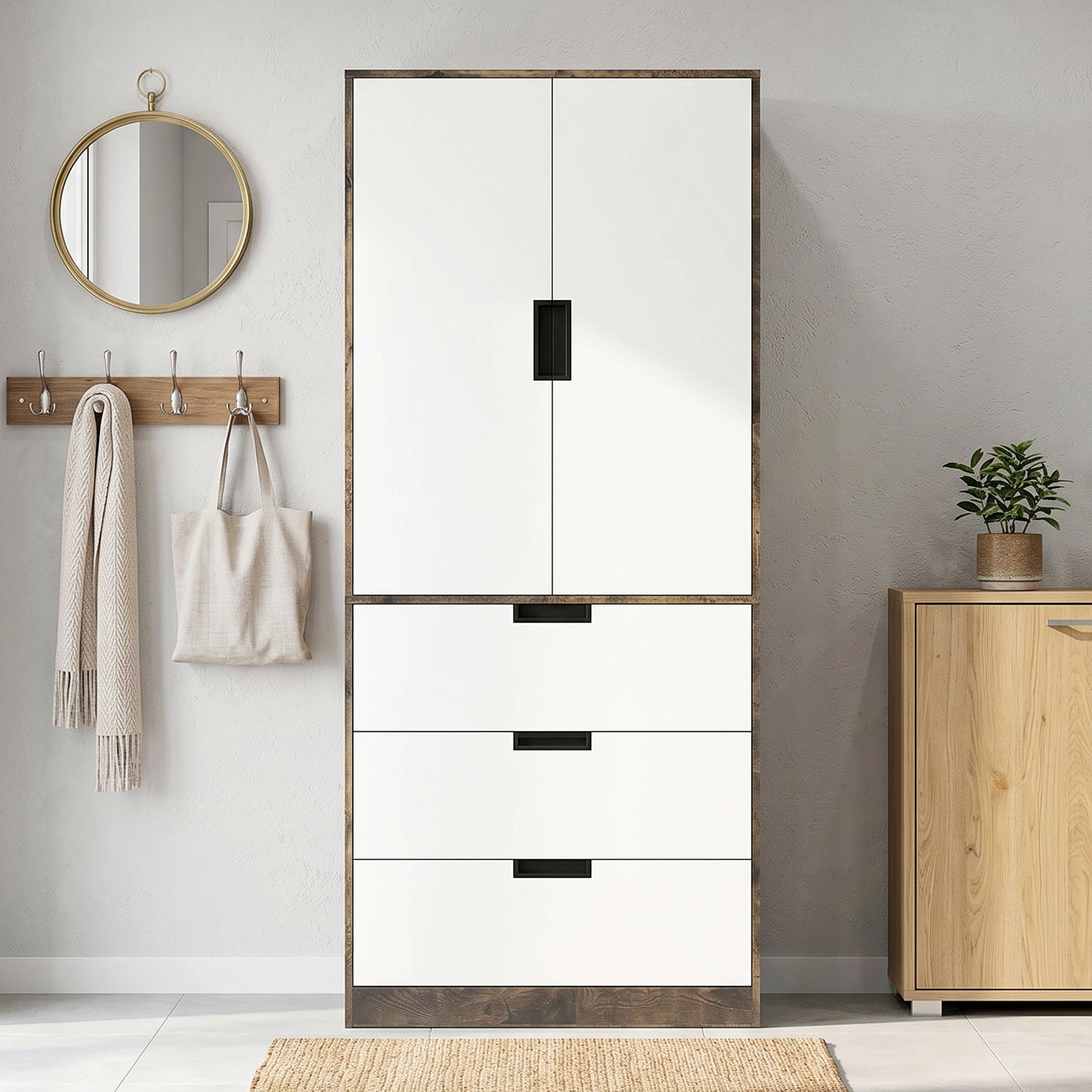 HOMCOM Modern Clothes Storage Cupboard With Hanging Rod 2 Doors 3 Drawers Rustic Brown And White Wardrobe