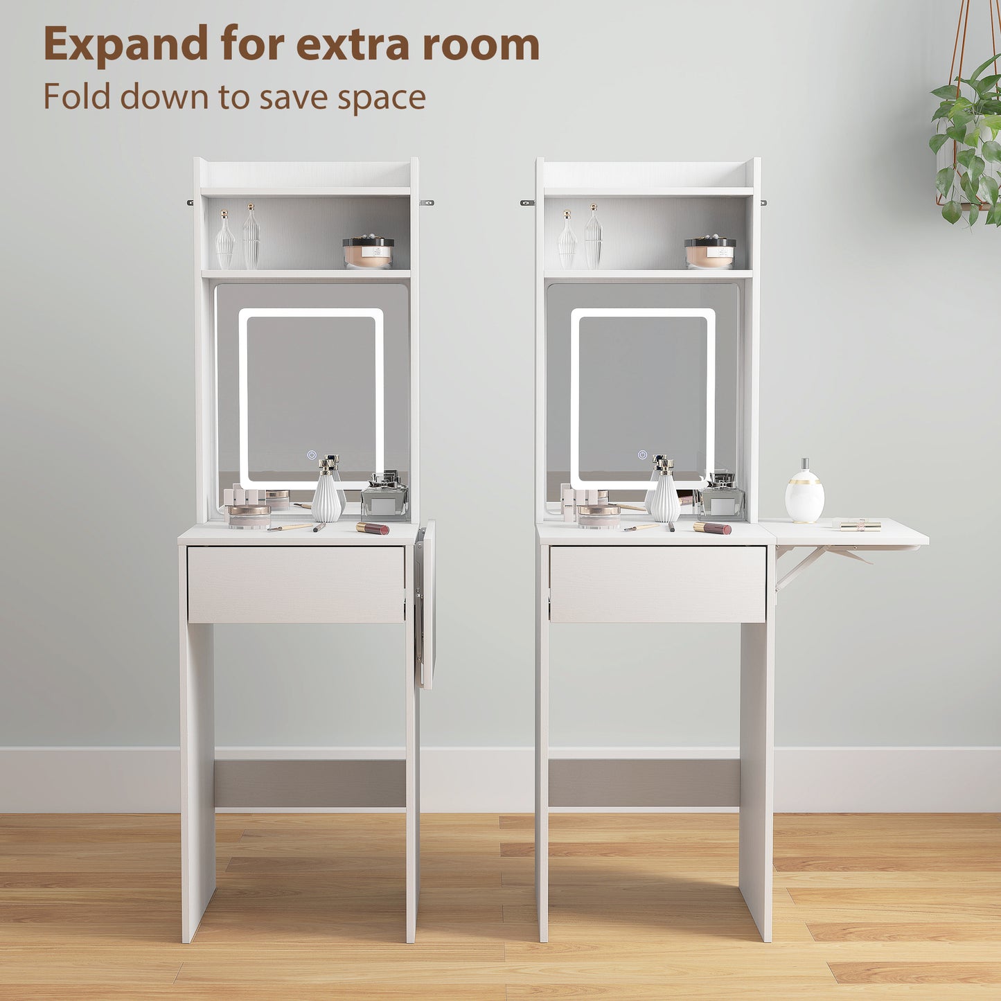 HOMCOM Small Vanity Desk With Mirror And Led Lights Compact Dressing Table With Drop Leaf Open Shelves And Drawer White