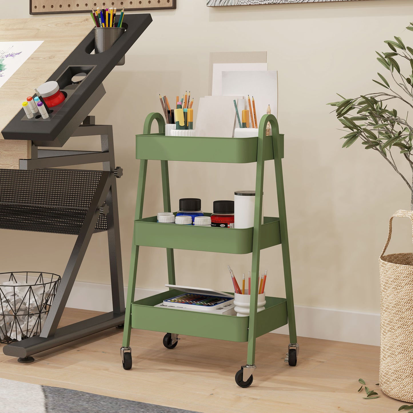 HOMCOM Three Tier Storage Trolley On Wheels With Mesh Trays Four Wheels And Brakes Green