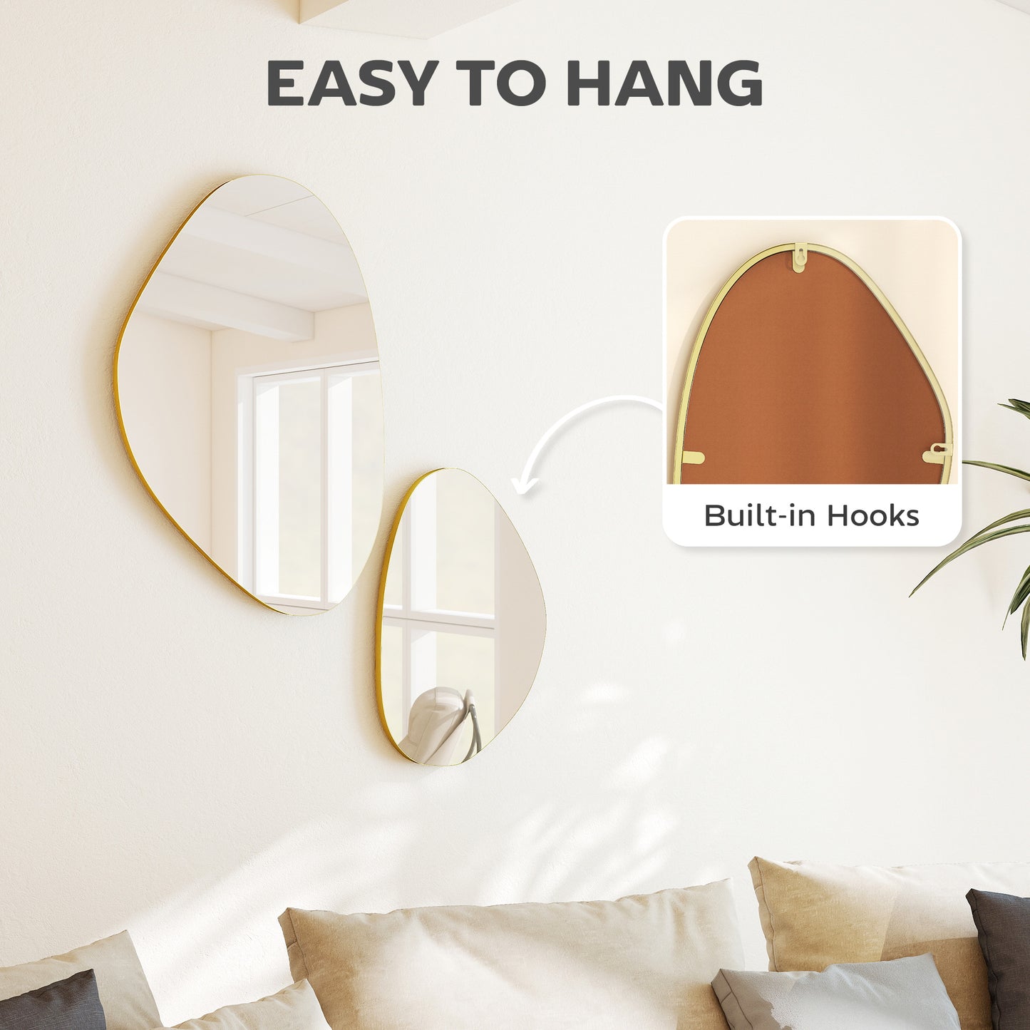 HOMCOM Pebble Shaped Wall Mirror Set Of 2 Gold Tone For Living Room Decor And Modern Wall Accent
