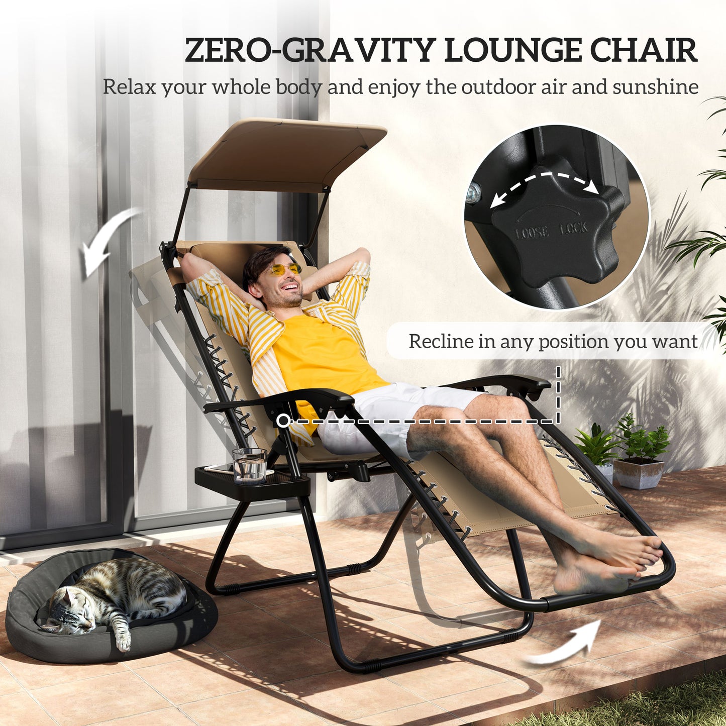 Outsunny Zero Gravity Lounger Chair Set Of 2 Folding Reclining Chairs With Shade Cover Cup Holder For Poolside Camping