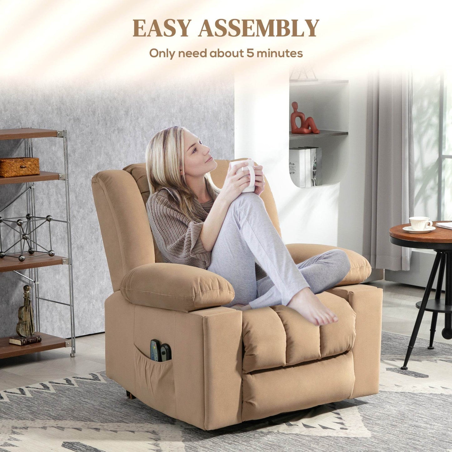 HOMCOM Electric Lift Recliner Chair with Massage and Heat, Overstuffed Armchair for Elderly, Light Brown with USB Ports and Cup Holders - ALL4U RETAILER LTD