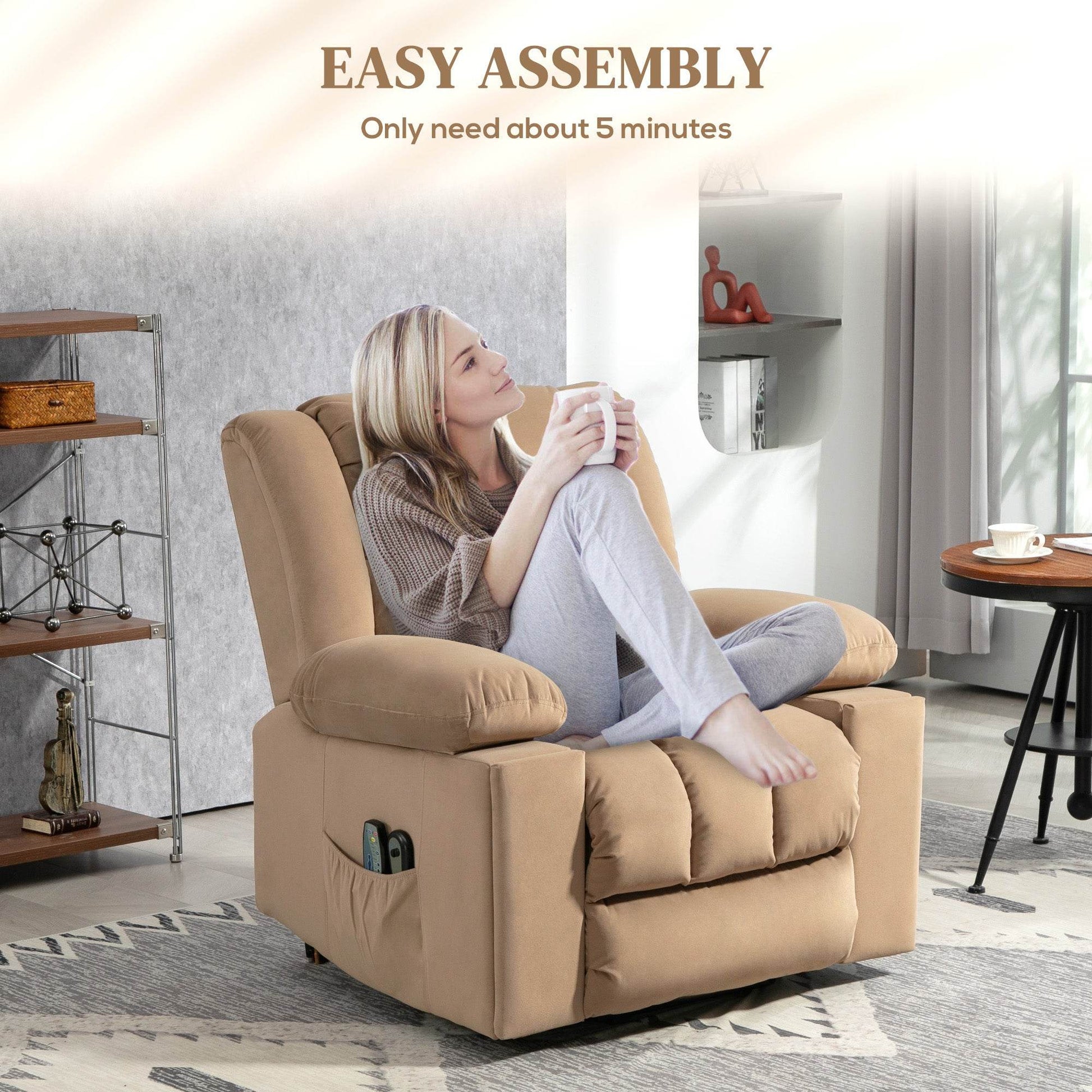 HOMCOM Electric Lift Recliner Chair with Massage and Heat, Overstuffed Armchair for Elderly, Light Brown with USB Ports and Cup Holders - ALL4U RETAILER LTD