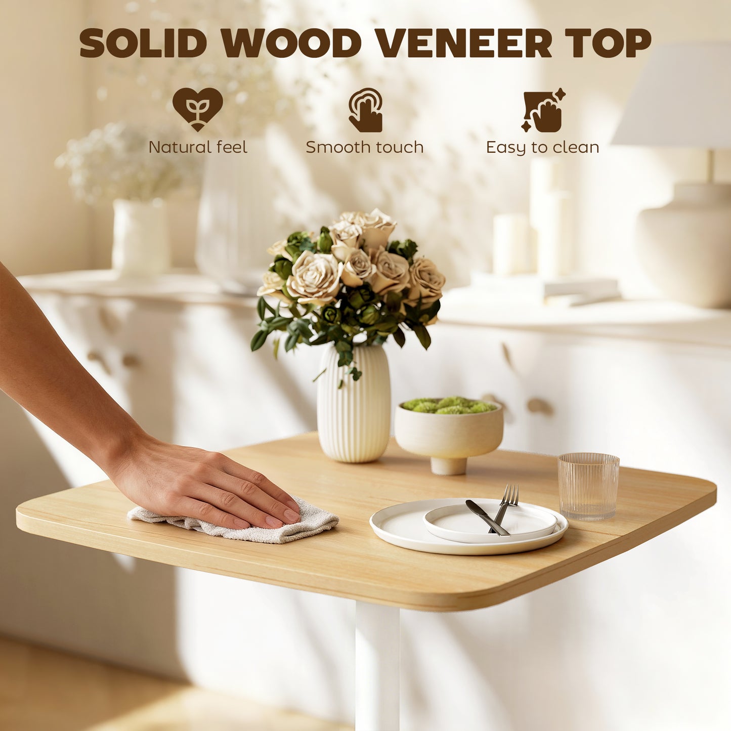 HOMCOM 60 Cm Square Dining Table With Wood Veneer Top And Steel Pedestal Base Natural Wood Finish
