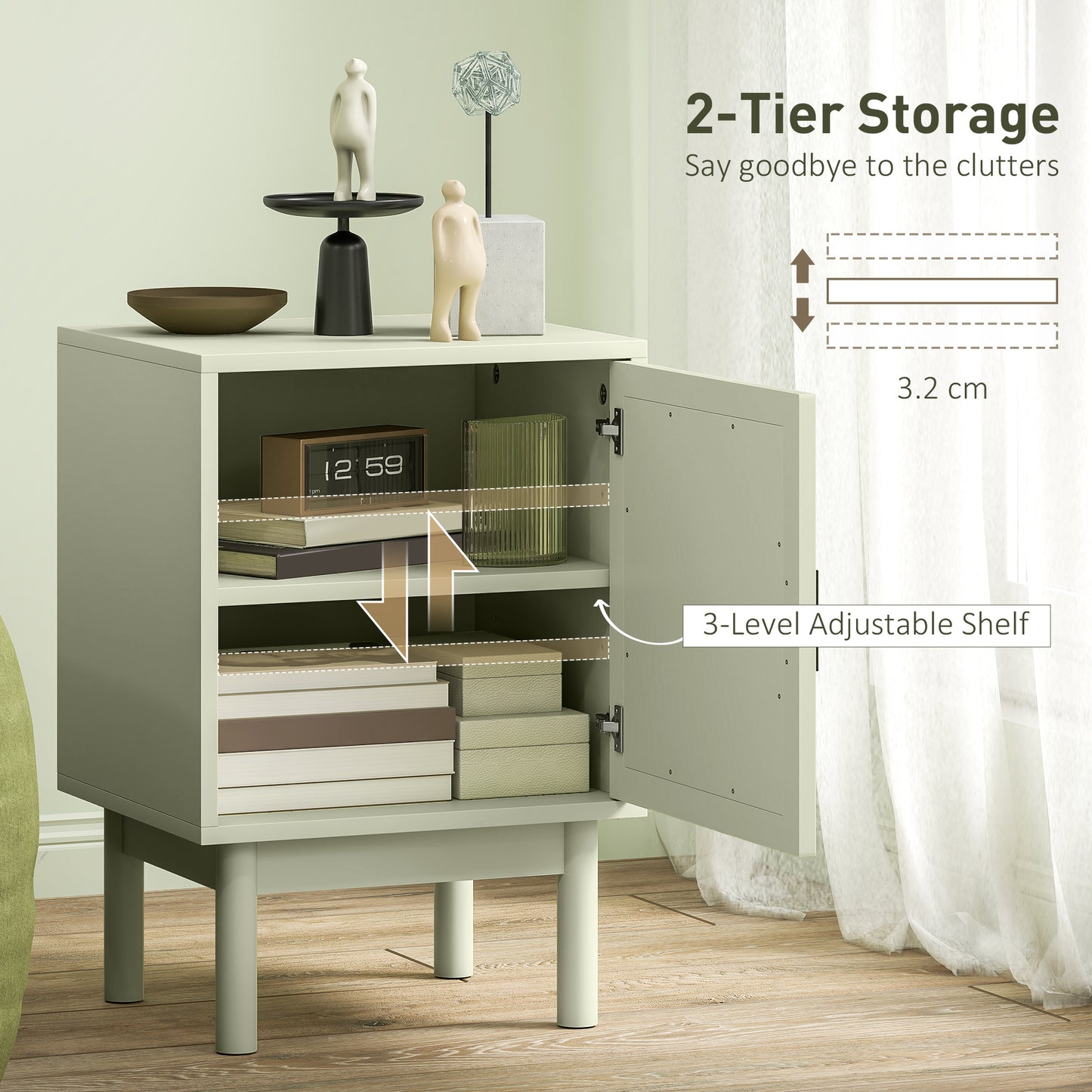 HOMCOM Set Of 2 Rattan Bedside Tables Boho Nightstands With Solid Wood Legs And Storage Cabinet Light Green