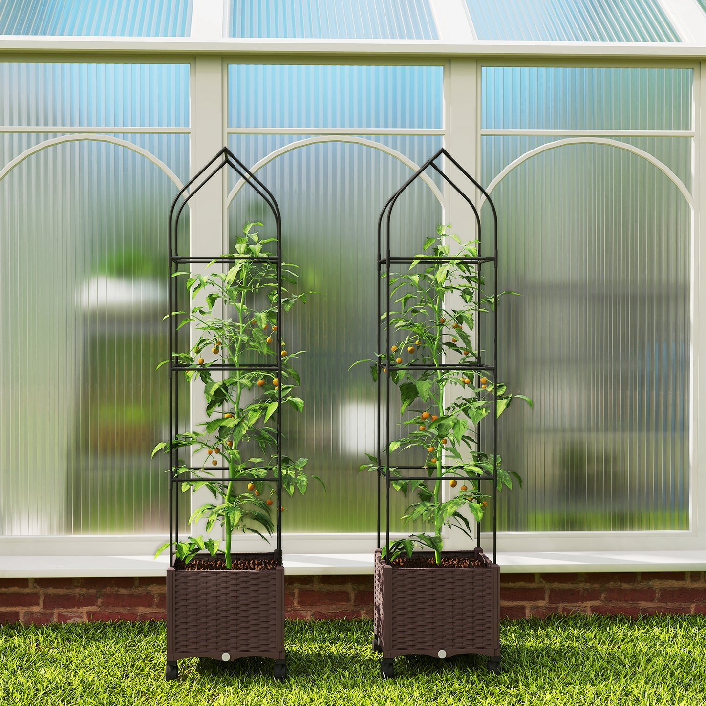 Outsunny Raised Garden Bed On Wheels With Trellis And Tomato Cage Self Watering Planter Box With Drainage Holes Brown
