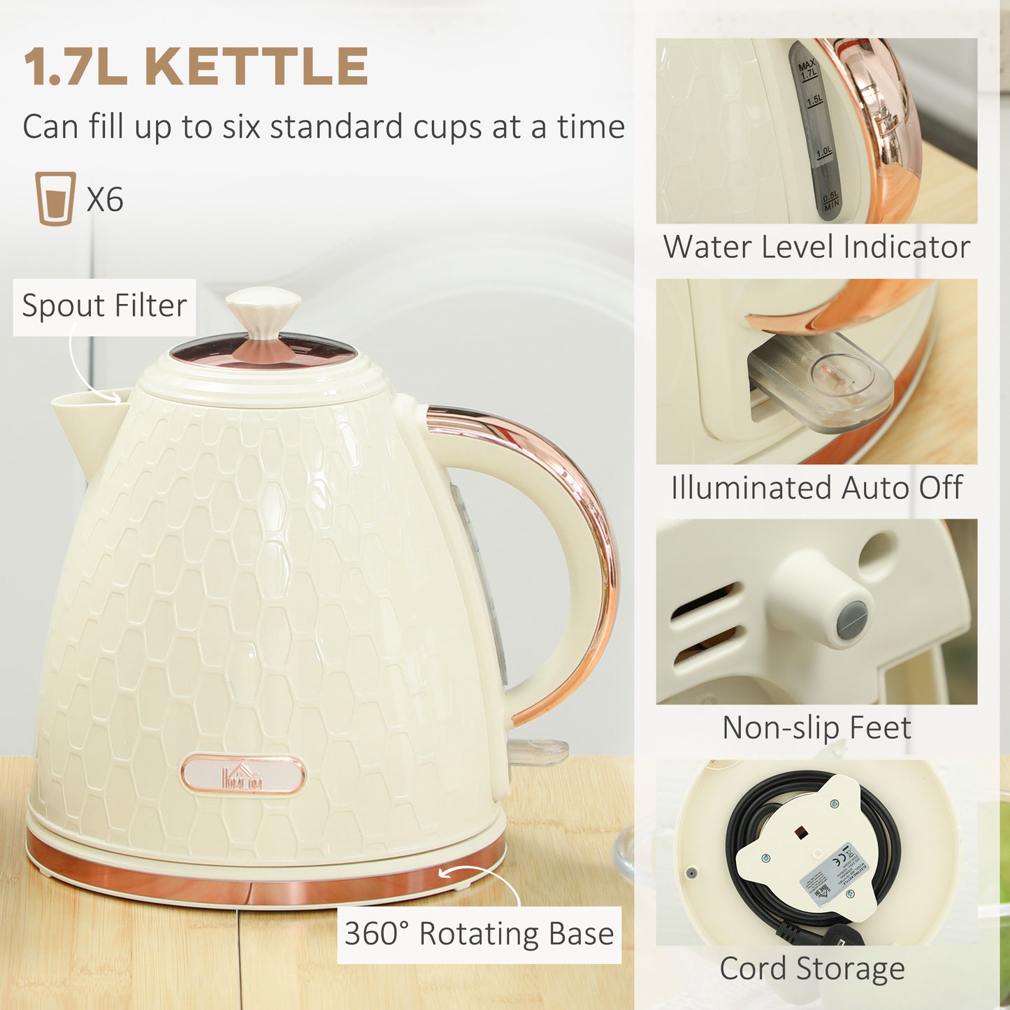 HOMCOM 1.7L 3000W Fast Boil Kettle And 2 Slice Toaster Set With Auto Shut Off Browning Controls Beige Honeycomb