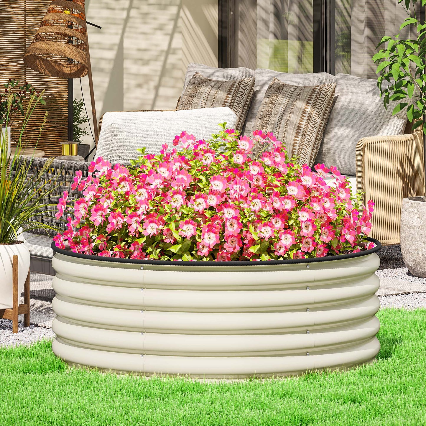 Outsunny Galvanised Raised Garden Bed With Safety Edging Outdoor Planter Box With Gloves 120 x 120 x 43cm Cream White