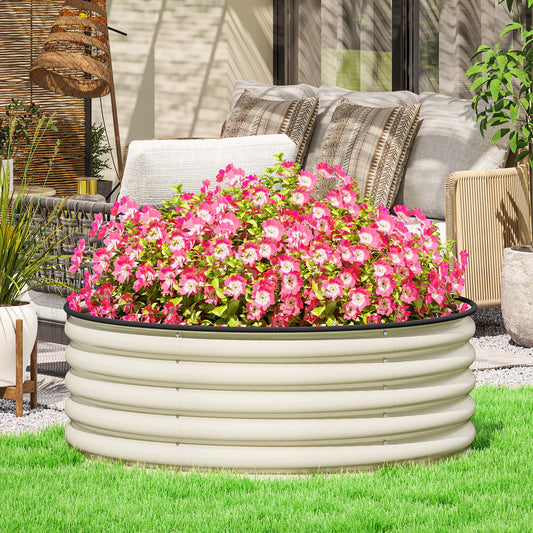 Outsunny Galvanised Raised Garden Bed With Safety Edging Outdoor Planter Box With Gloves 120 x 120 x 43cm Cream White