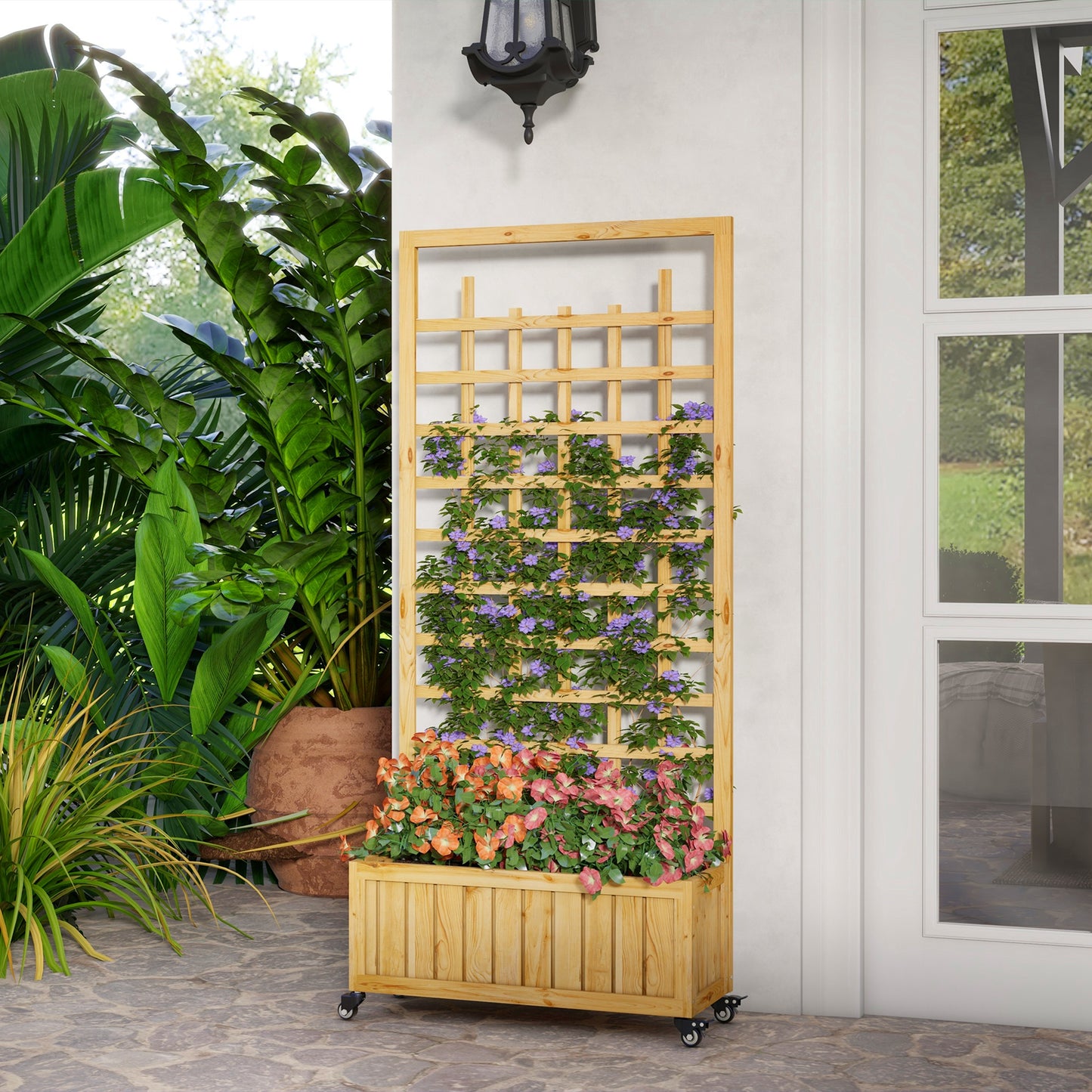 Outsunny Wooden Rolling Trellis Planter Box for Vegetables, Herbs, and Flowers with Soil Liner - ALL4U RETAILER LTD