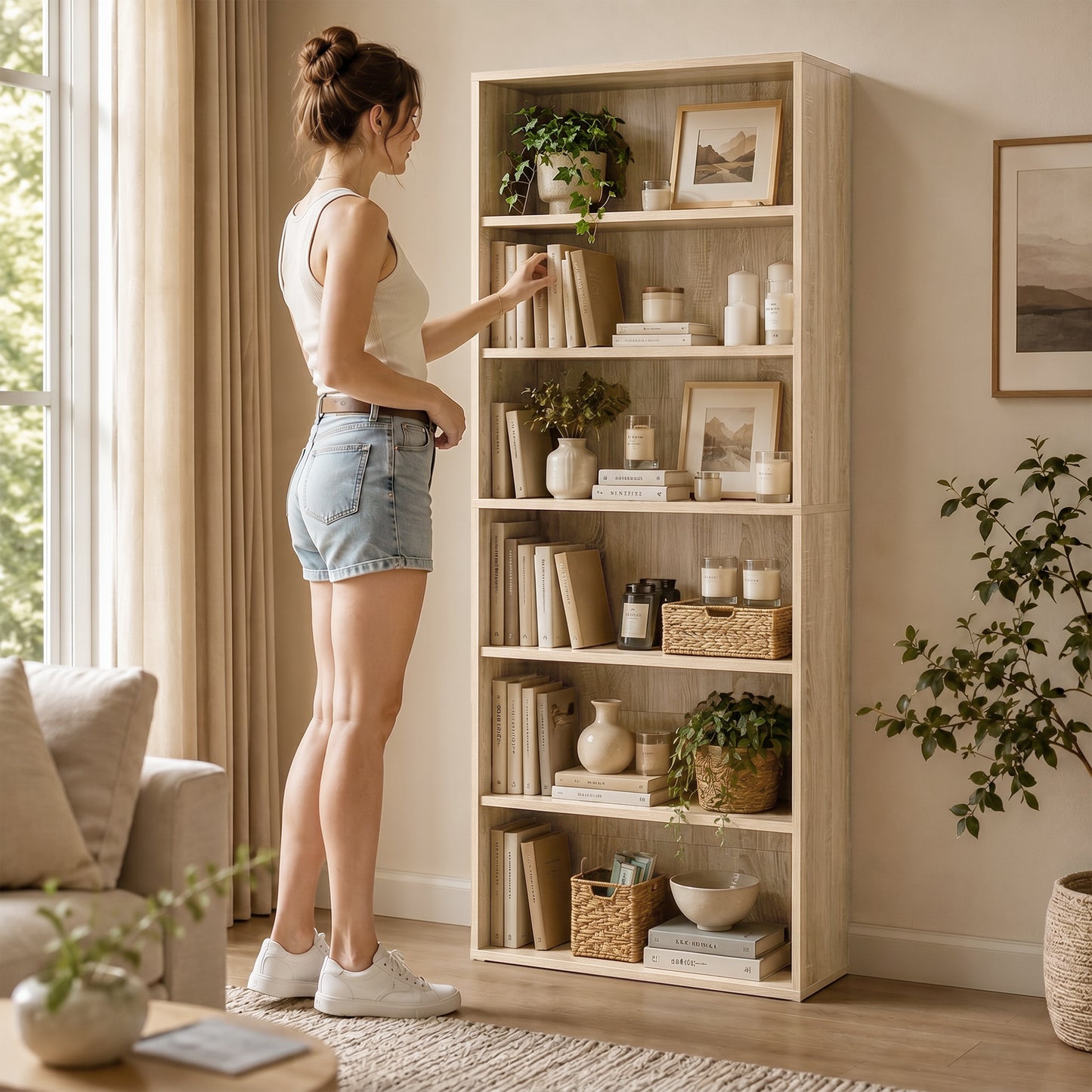 HOMCOM Freestanding 6 Tier Bookshelf With Adjustable Shelves Oak Finish For Living Room And Study