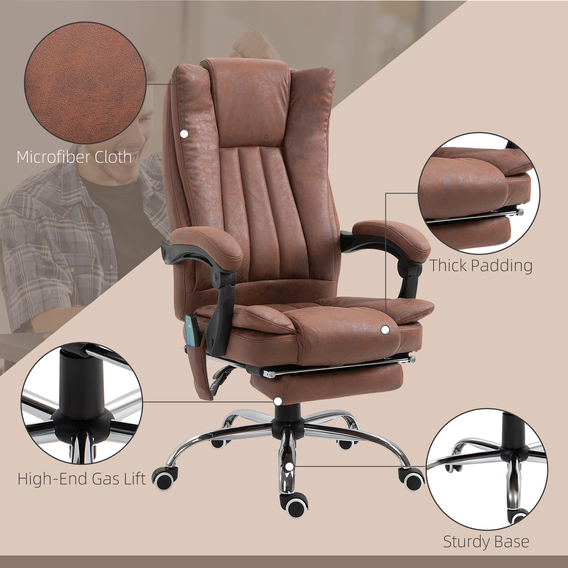 Vinsetto Heated Reclining Massage Office Chair with Footrest, Brown Microfibre High Back Design - ALL4U RETAILER LTD