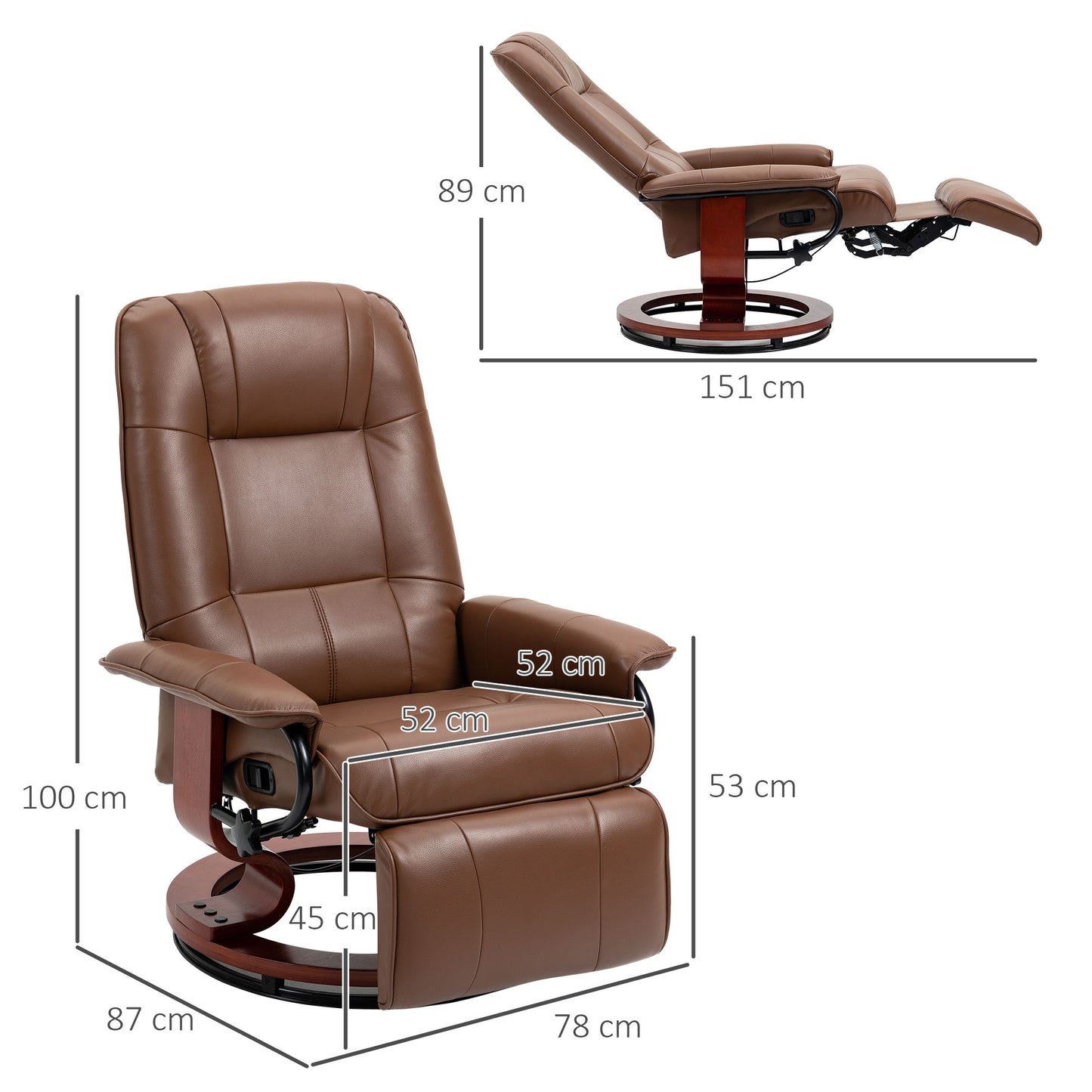 HOMCOM Faux Leather Recliner Armchair With 145 Degree Back Tilt And 360 Degree Swivel Brown