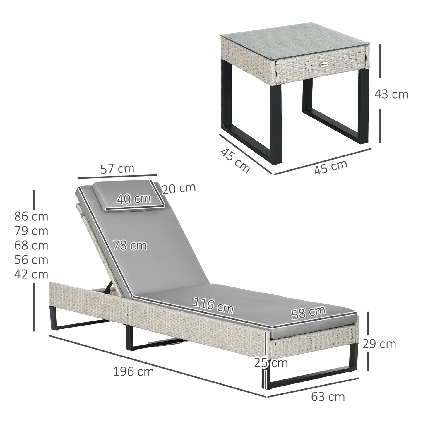 Outsunny Adjustable Reclining Rattan Lounge Chair Set with Cushions and Glass Coffee Table, Light Grey - ALL4U RETAILER LTD