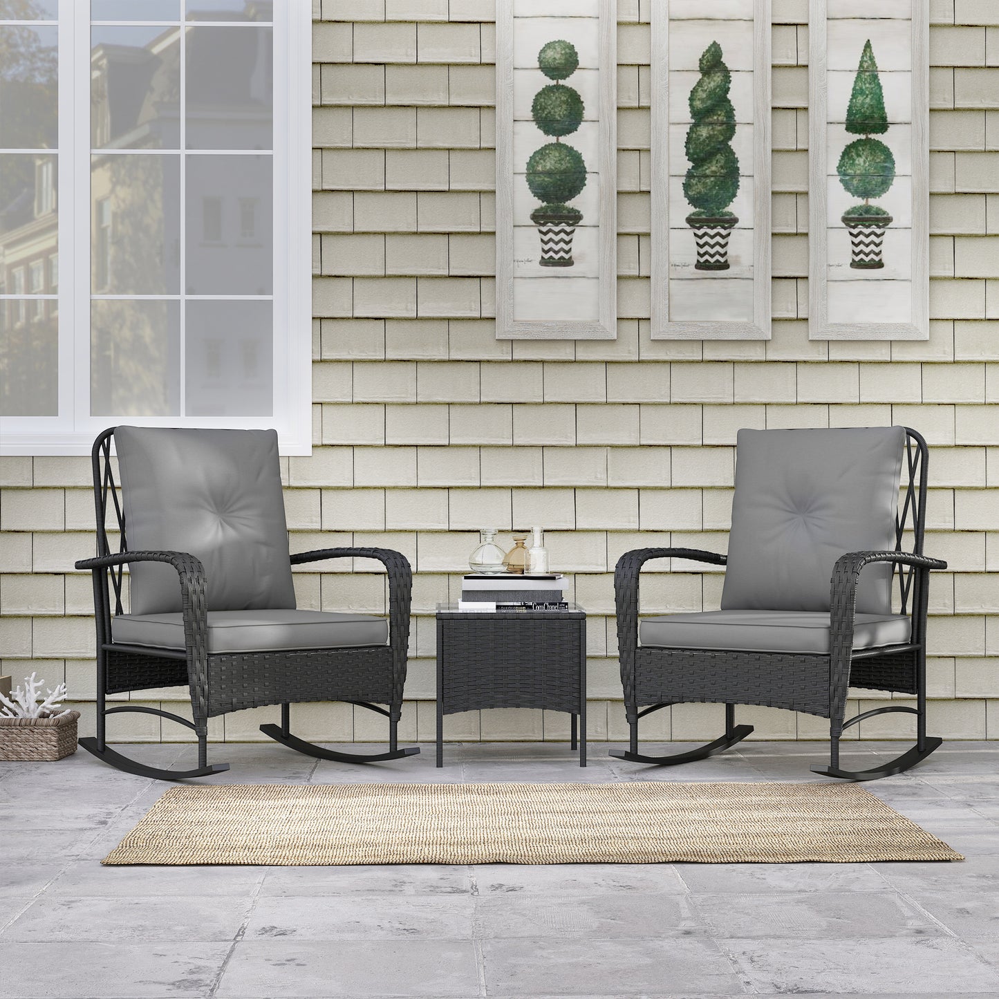 Outsunny Three Piece Rattan Bistro Set With Glass Top Table Two Rocking Chairs Black