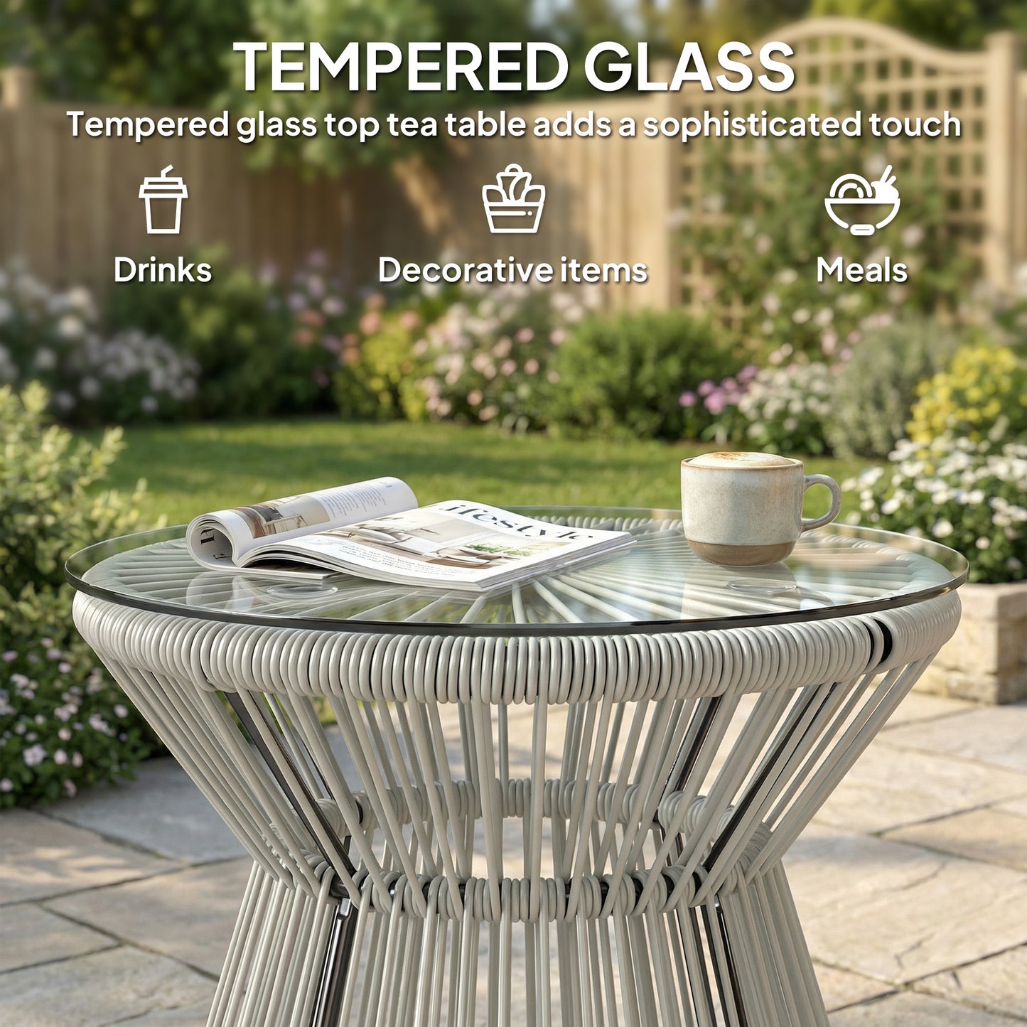 Outsunny Rattan Outdoor Coffee Table With PE Rattan Wicker And Tempered Glass Top In Light Grey