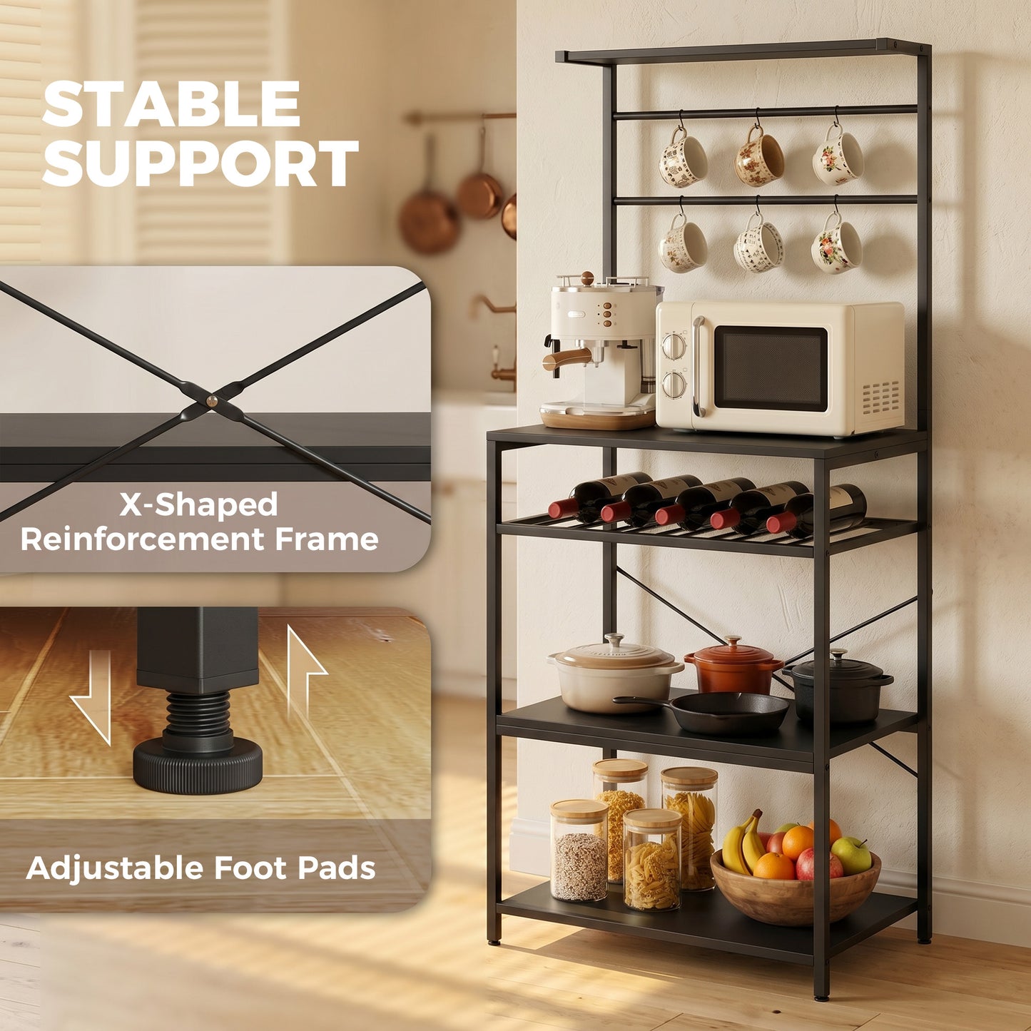 HOMCOM Freestanding Shelving Unit With Wine Rack And Six Hooks For Living Room Five Tier X Frame Design Black