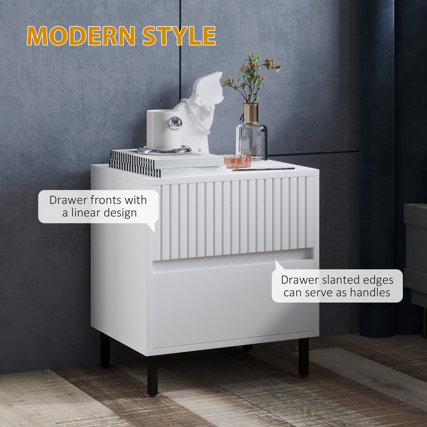 HOMCOM Two Drawer Bedside Tables Set of 2 White Indented Top Drawer Modern Nightstands