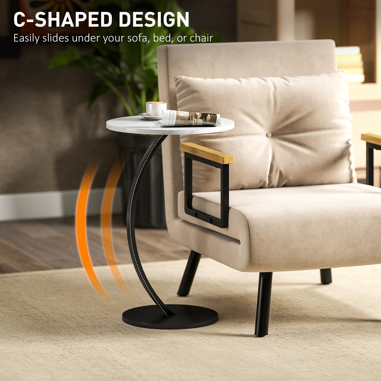 HOMCOM C Shaped Side Table Round Bedside Table With Marble Effect Top Modern Sofa End Table With Metal Frame White