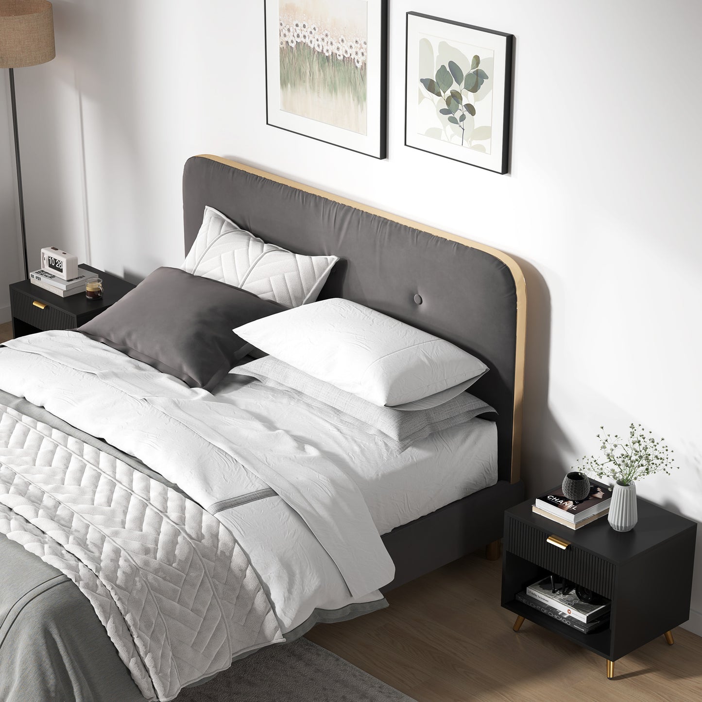 HOMCOM Elegant Bedside Table Set of 2 With Drawer and Shelf Black Gold Tone Finish