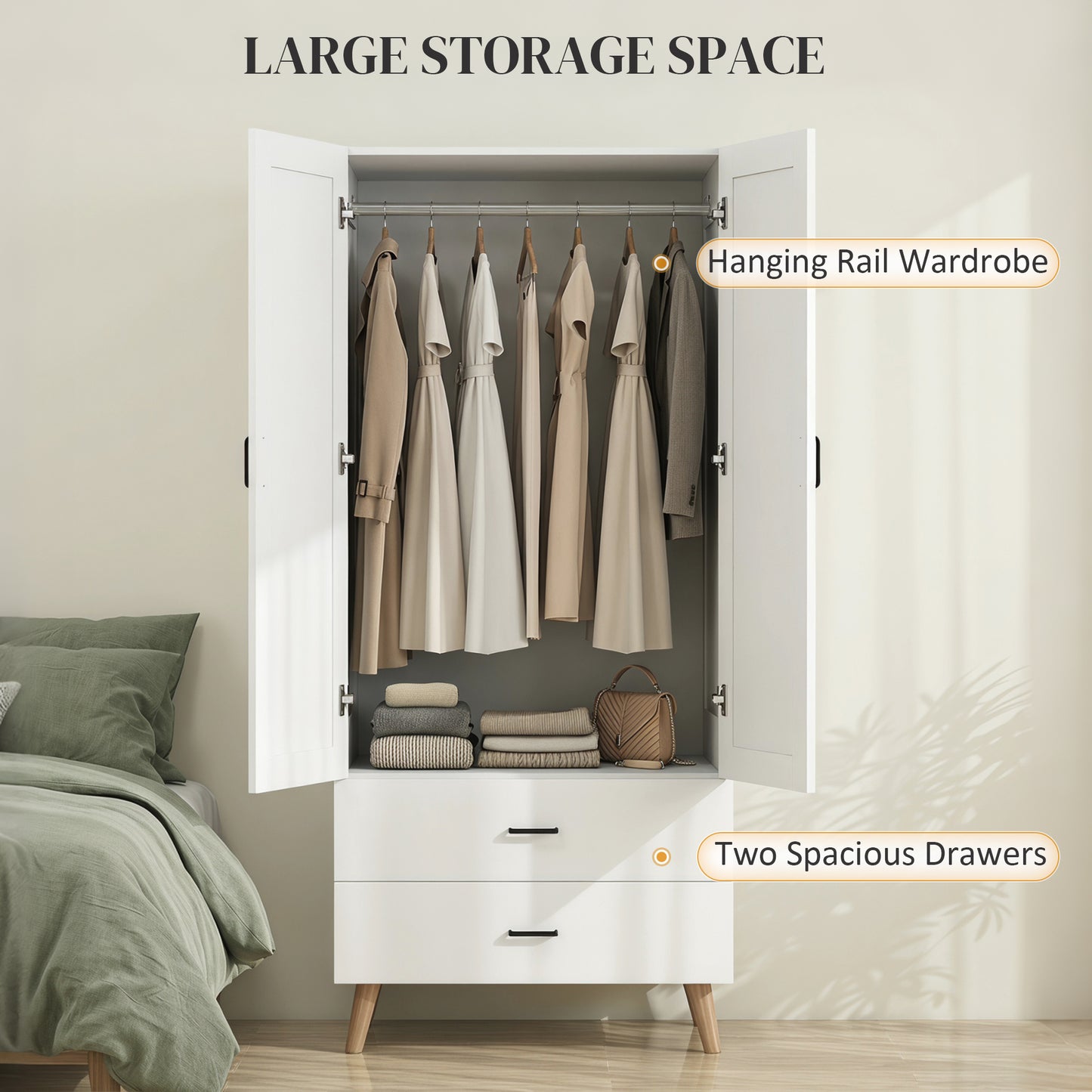 HOMCOM 2 Door Wardrobe With 2 Drawers And Hanging Rail In White For Bedroom Storage