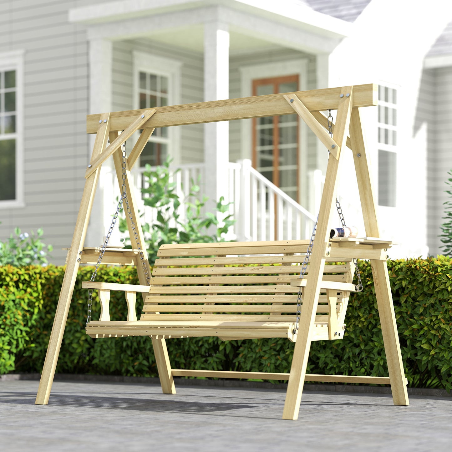 Outsunny Three Seater Wooden Swing Bench With Side Tables For Outdoor Garden Patio Furniture
