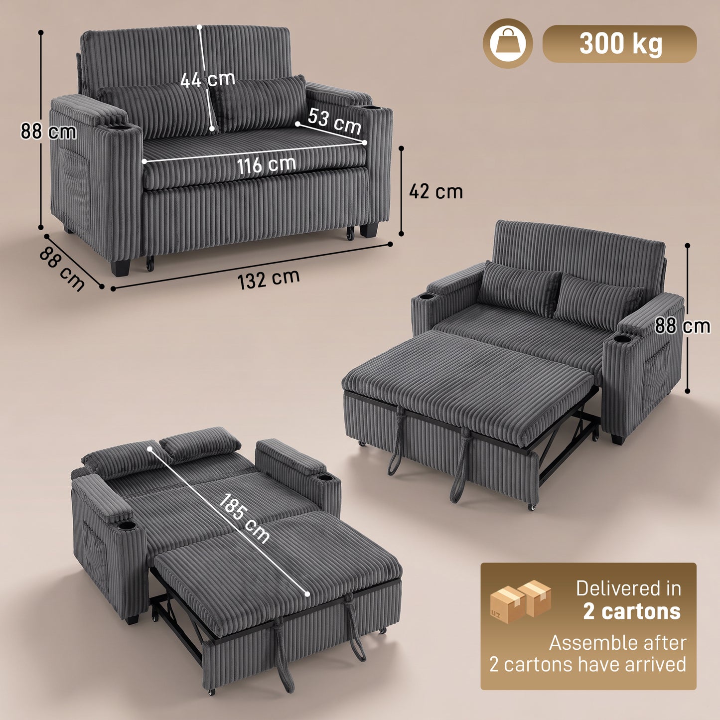 HOMCOM 2 Seater Sofa Bed Pull Out Sleeper With Adjustable Backrest And Storage