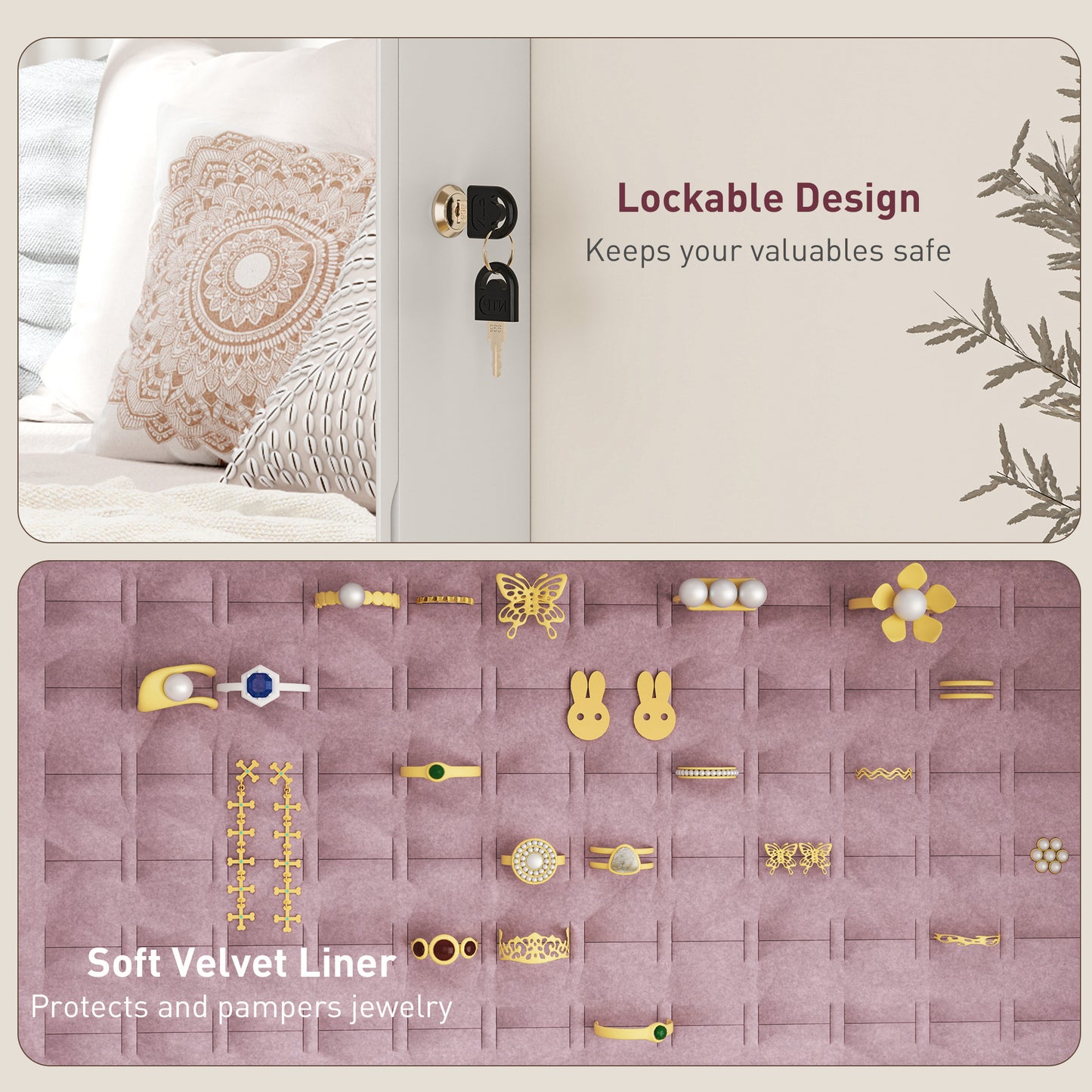 HOMCOM Lockable Jewellery Cabinet With LED Lights Mirror 108 x 37 cm White Surface Pink Lining