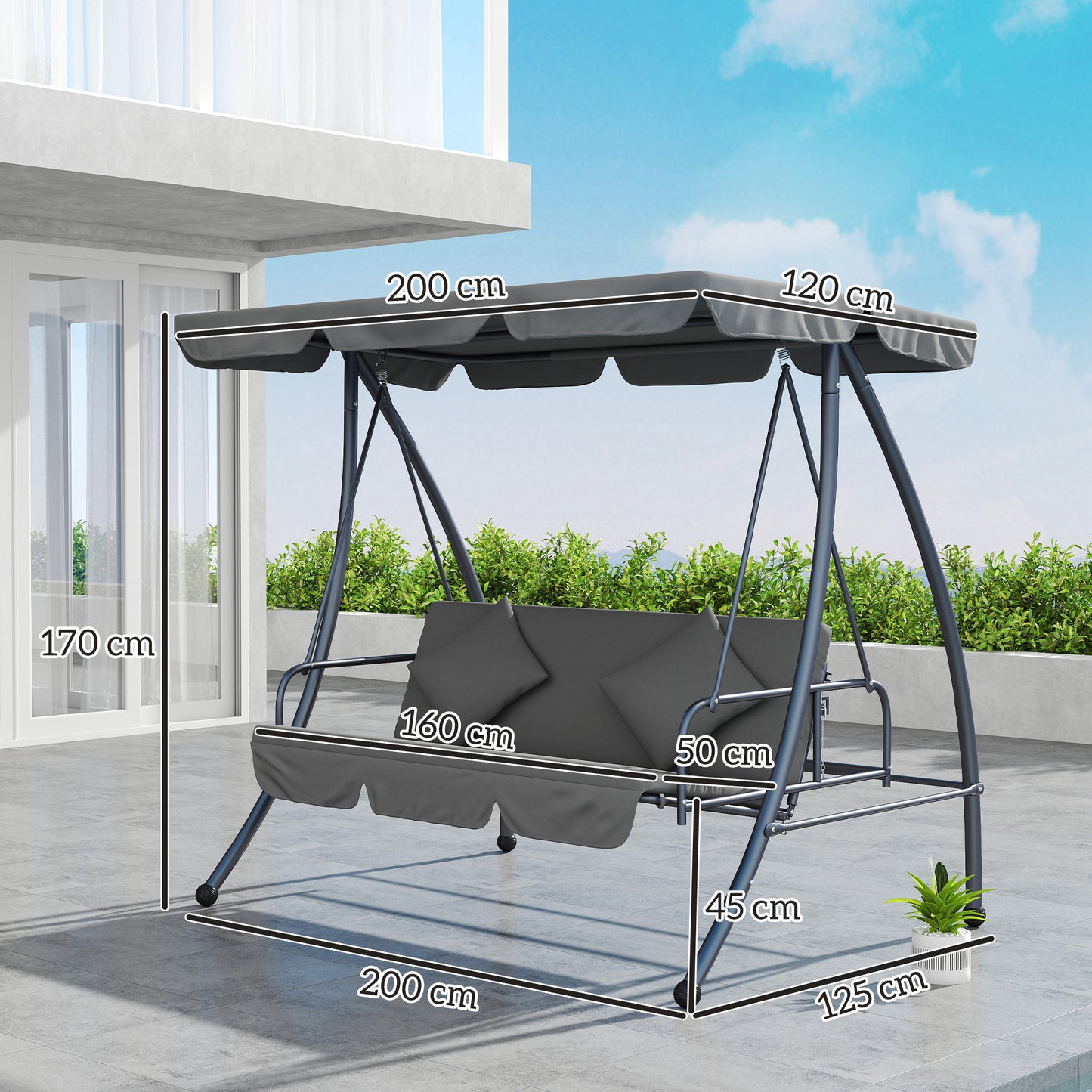 Outsunny 2 in 1 Outdoor Swing Chair Lounger for 3 Seater Garden Canopy Cushion Light Grey