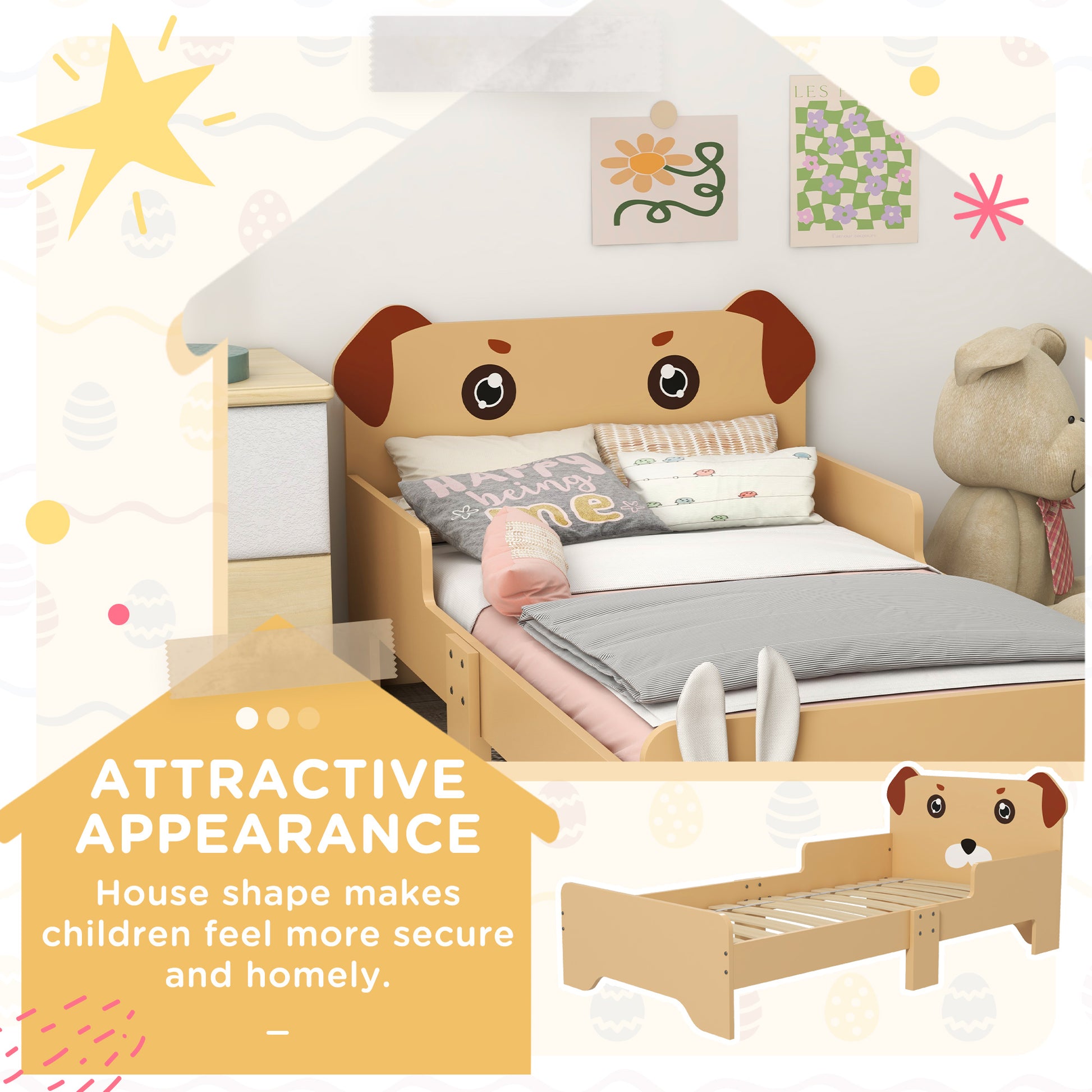 ZONEKIZ Puppy-Themed Kids Bed for Ages 3-6, Compact Yellow Design, 143 x 74 x 58 cm - ALL4U RETAILER LTD