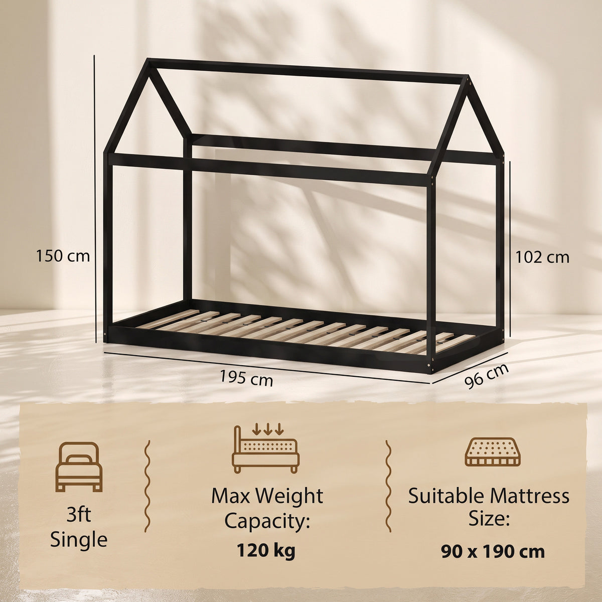 Homcom House Shaped Single Bed Frame Scandinavian Wood Platform Base Black