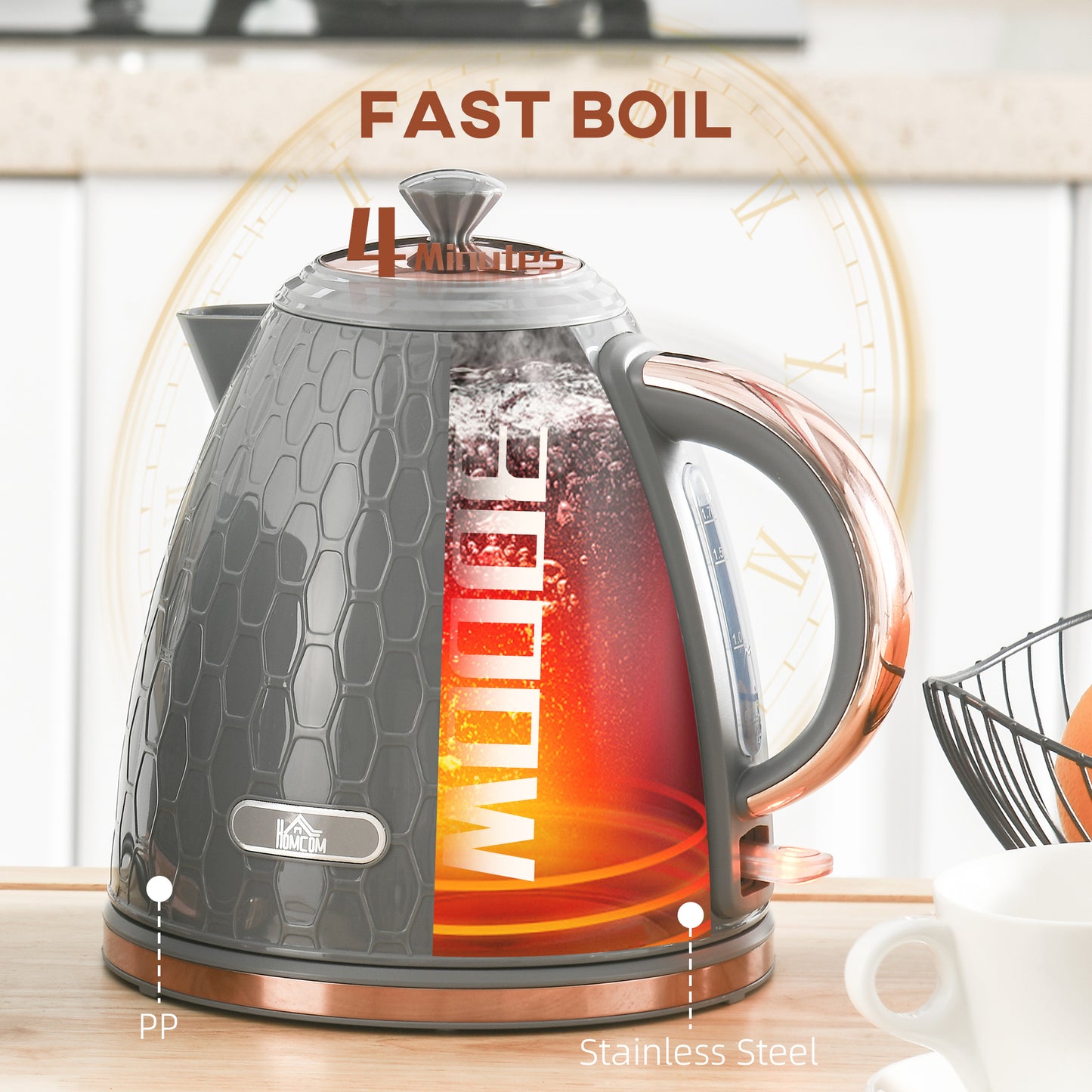 HOMCOM 3kW Rapid Boil Honeycomb Kettle Grey Electric Kettle With Boil Dry Protection