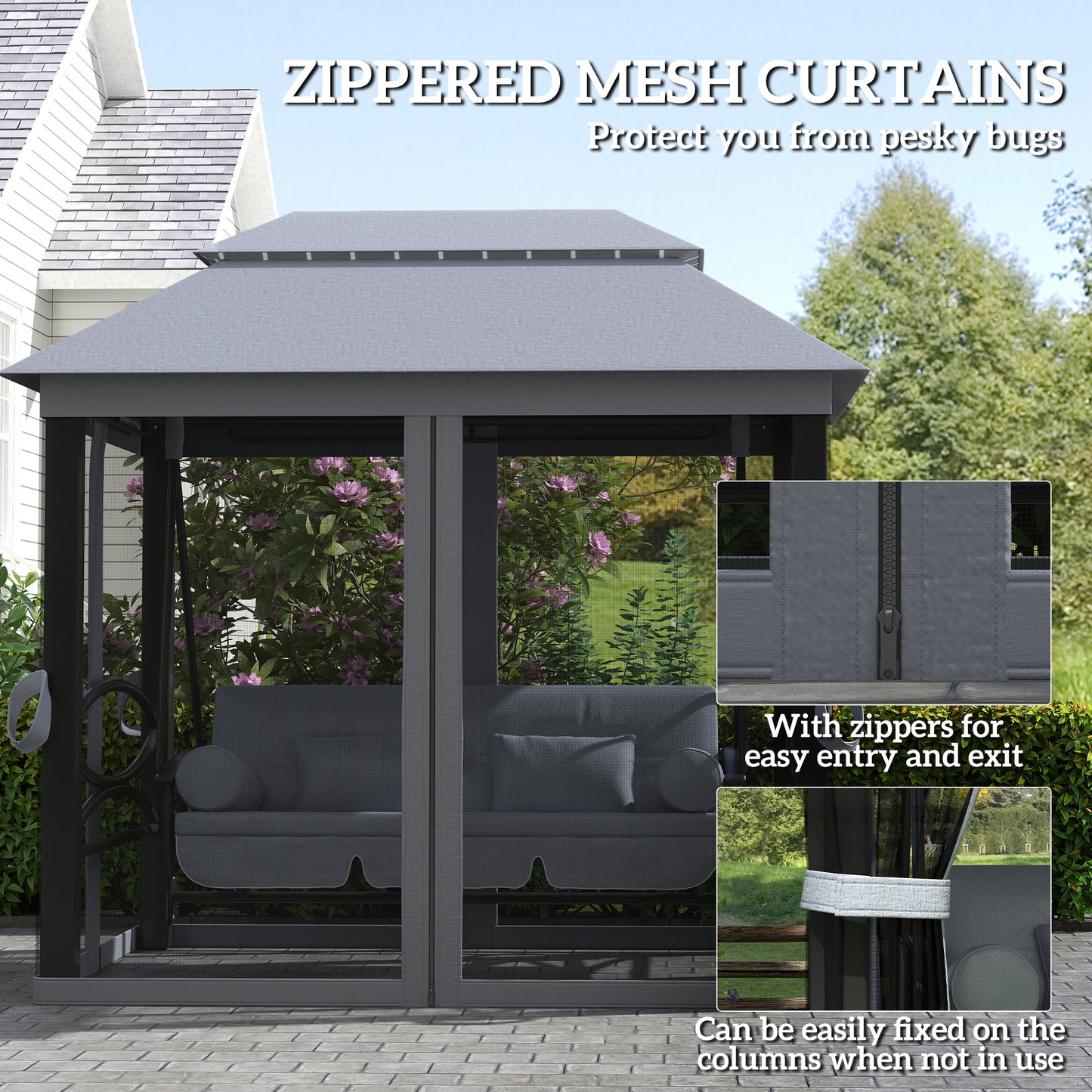 Outsunny 3 In 1 Seater Swing Chair Gazebo Lounger With Cushioned Seat And Waterproof Canopy Grey