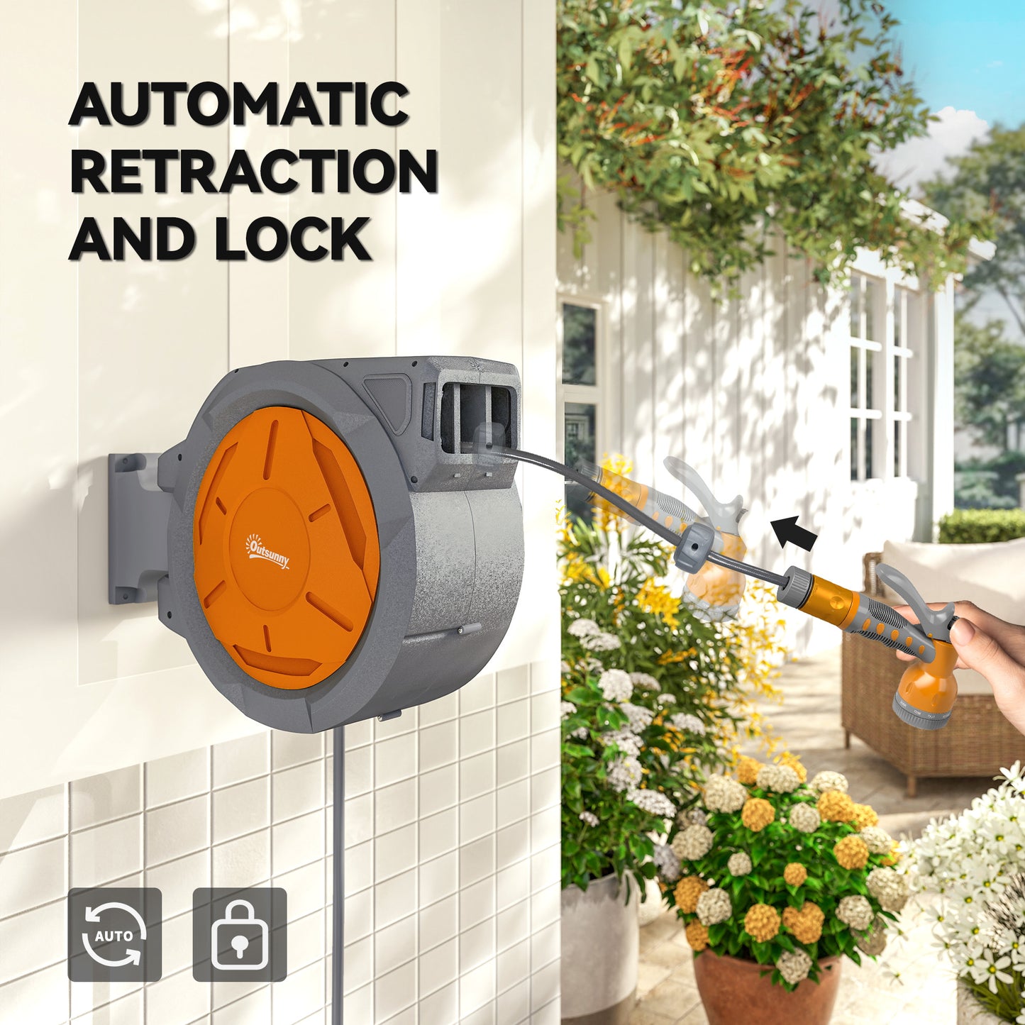 Outsunny Retractable Hose Reel Wall Mounted 32m Hose With Lock Auto Rewind 180 Degree Swivel 7 In 1 Spray Nozzle Orange