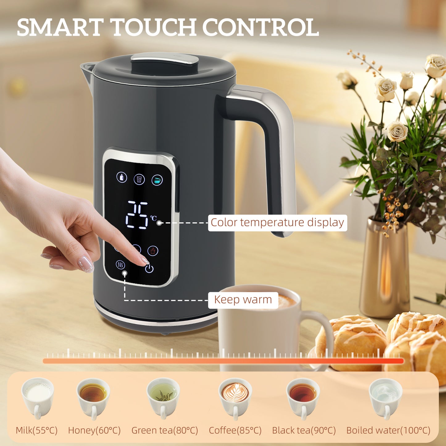 HOMCOM Touch Screen Kettle And Toaster Set In Grey With 3000W Fast Boil 1.7L And Six Temperature Presets Keep Warm