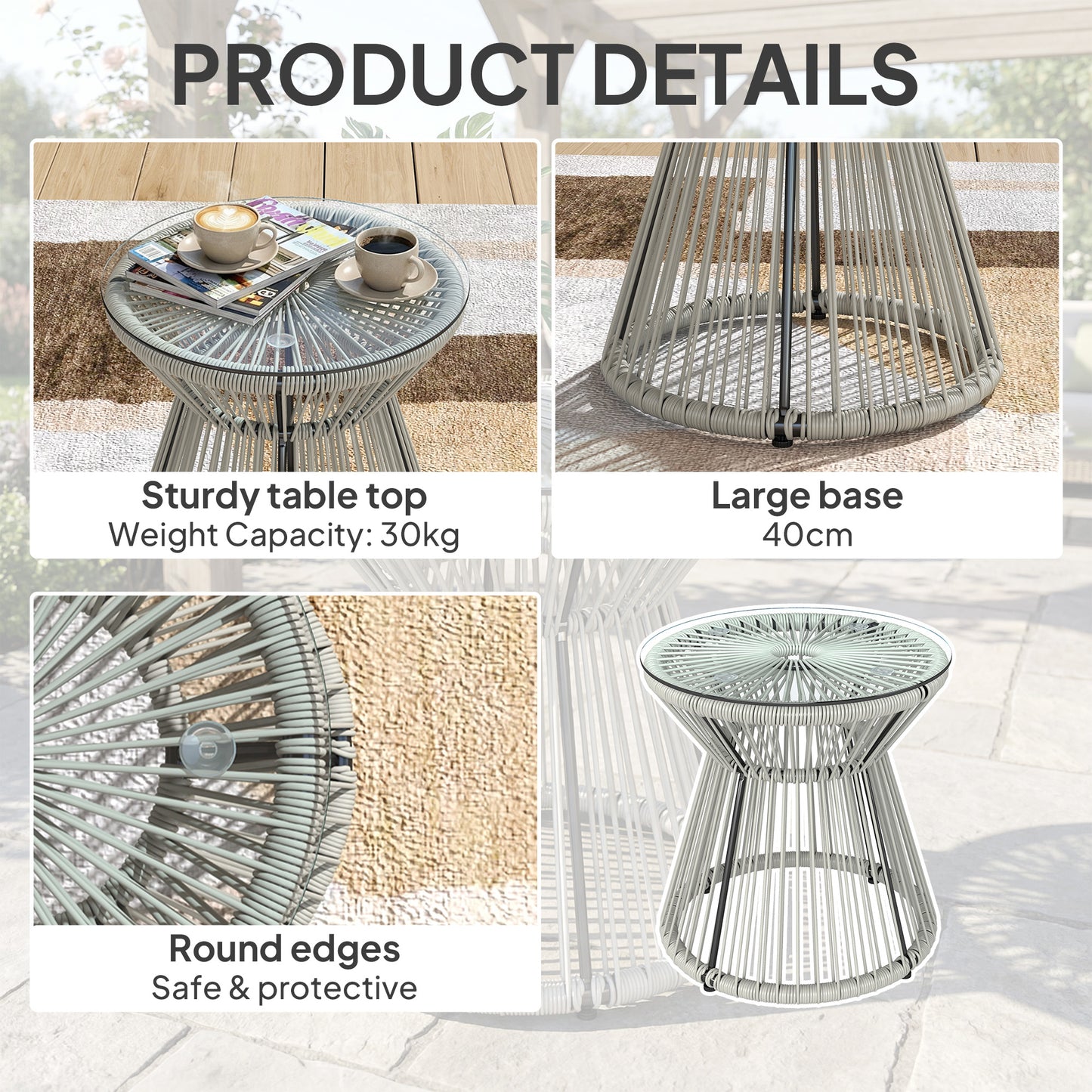 Outsunny Rattan Outdoor Coffee Table With PE Rattan Wicker And Tempered Glass Top In Light Grey