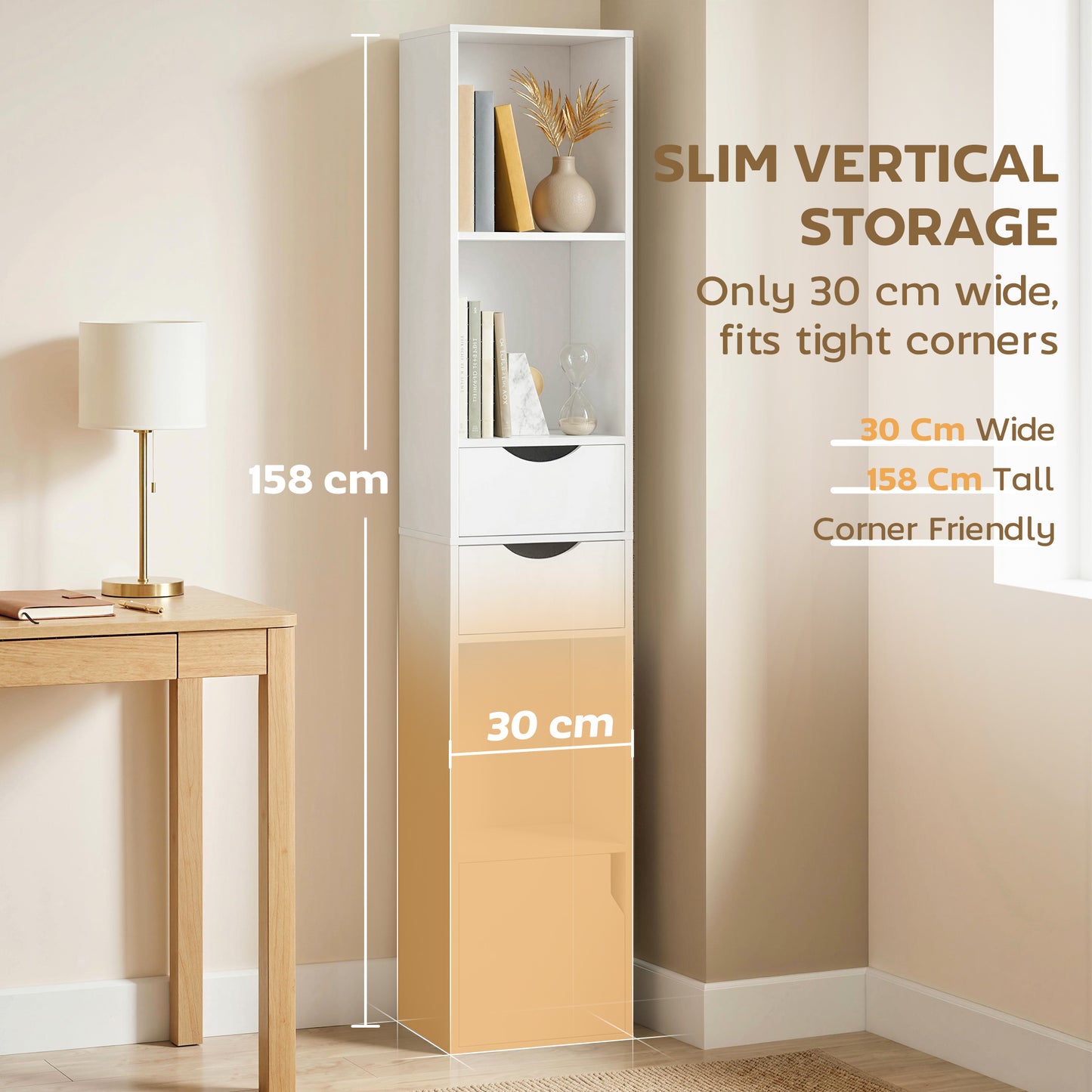 HOMCOM 158 cm White Bookcase With Two Drawers And Cabinet Adjustable Shelves Open Storage